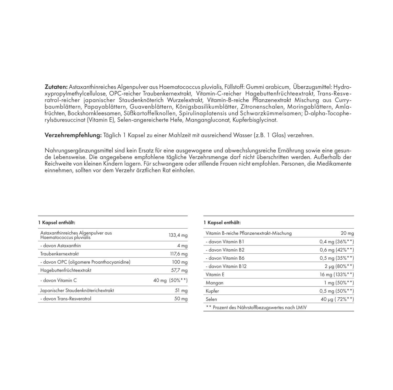 Textseite mit Zutatenliste, Verzehrempfehlung und Nährwertangaben. Text in deutscher Sprache.