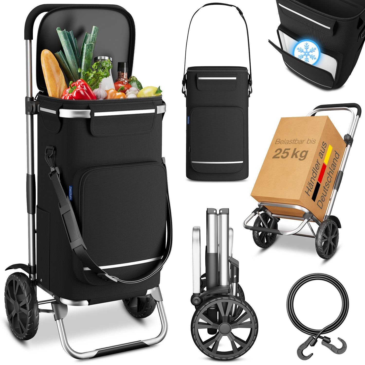 ELONEO Einkaufstrolley faltbar und extrem leicht – nur 2,3 kg, 43 l, separate Kühltasche & Spanngurt