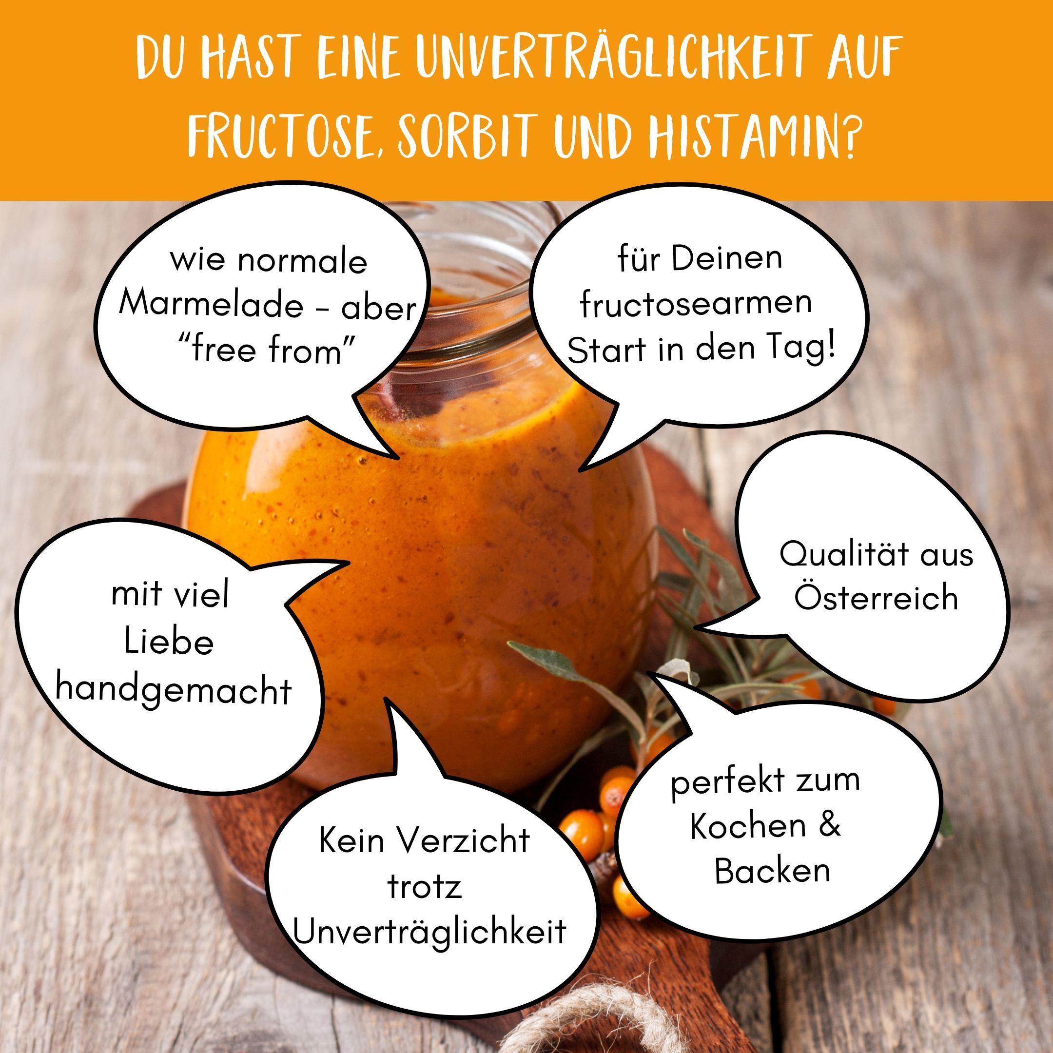Glas FRUNIX® Sanddorn-Fruchtaufstrich auf Holzbrett. Text in Sprechblasen: wie Marmelade, handgemacht, kein Verzicht, perfekt zum Backen, Qualität aus Österreich.