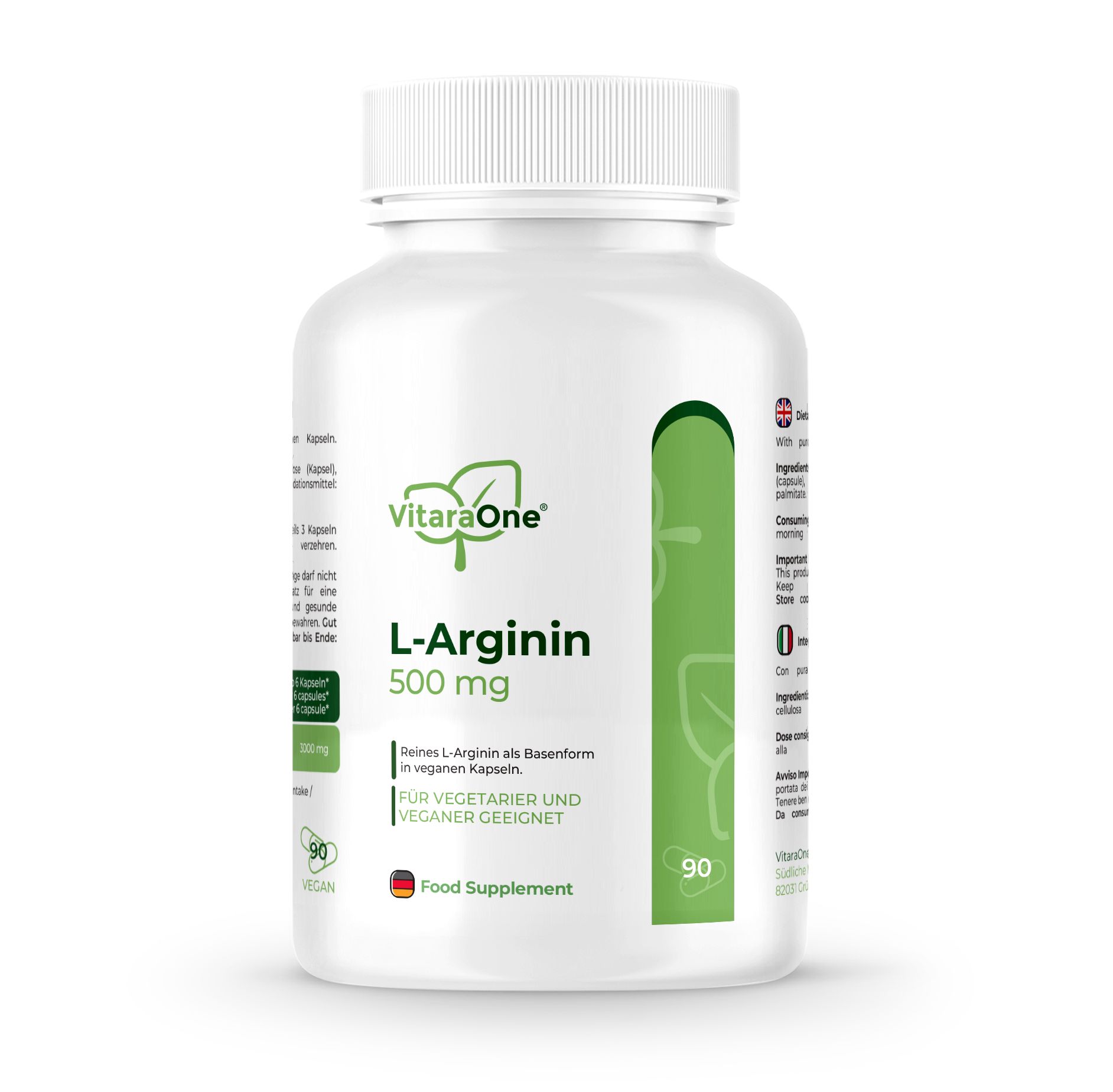 Weiße Flasche mit grünem Etikett. Enthält L-Arginin 500 mg. 90 Kapseln. Vegan. Food Supplement.