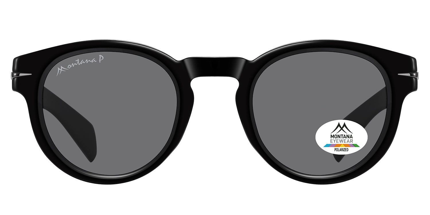 Schwarze Sonnenbrille mit runden Gläsern. Montana Eyewear Logo auf dem Bügel und Glas. Polarisierte Gläser.