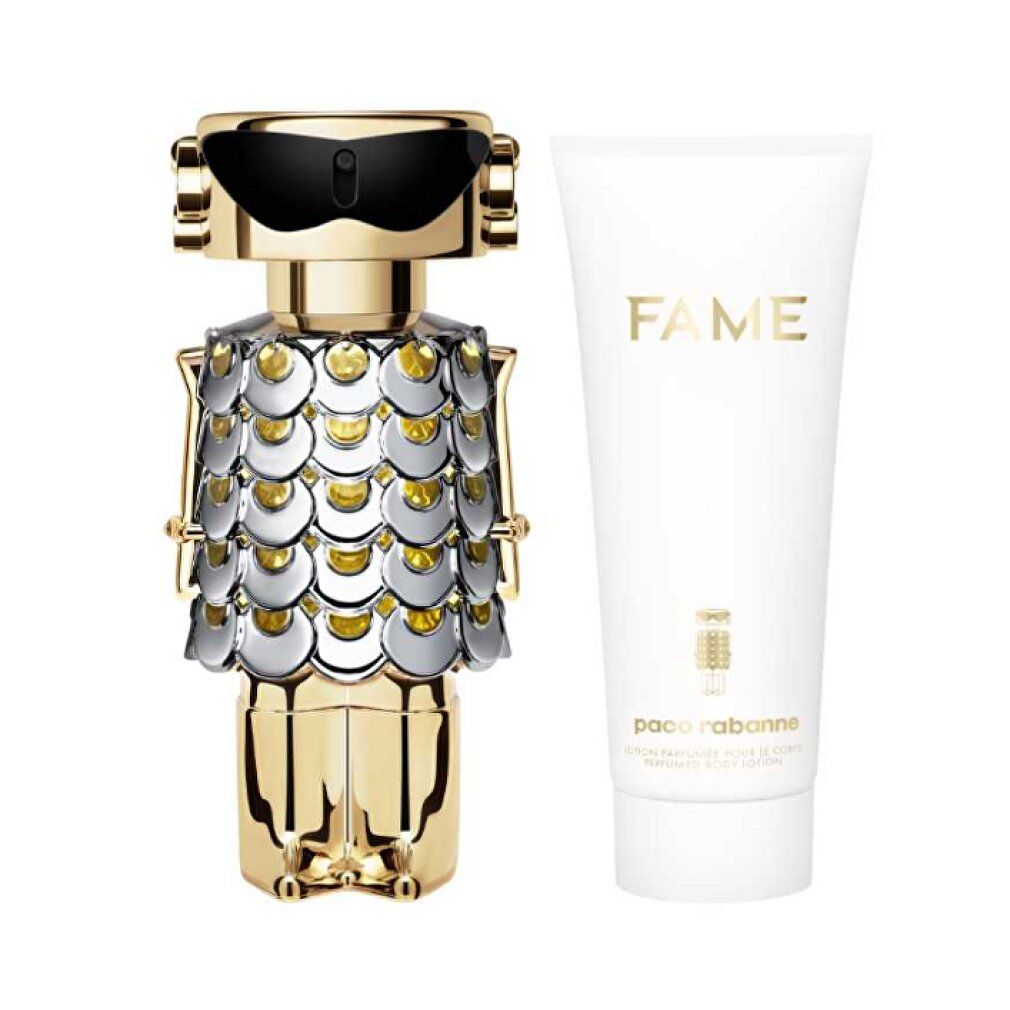 Parfümflakon in Roboterform mit Tube. Flakon goldfarben mit silbernen Schuppen. Tube mit Schriftzug FAME.