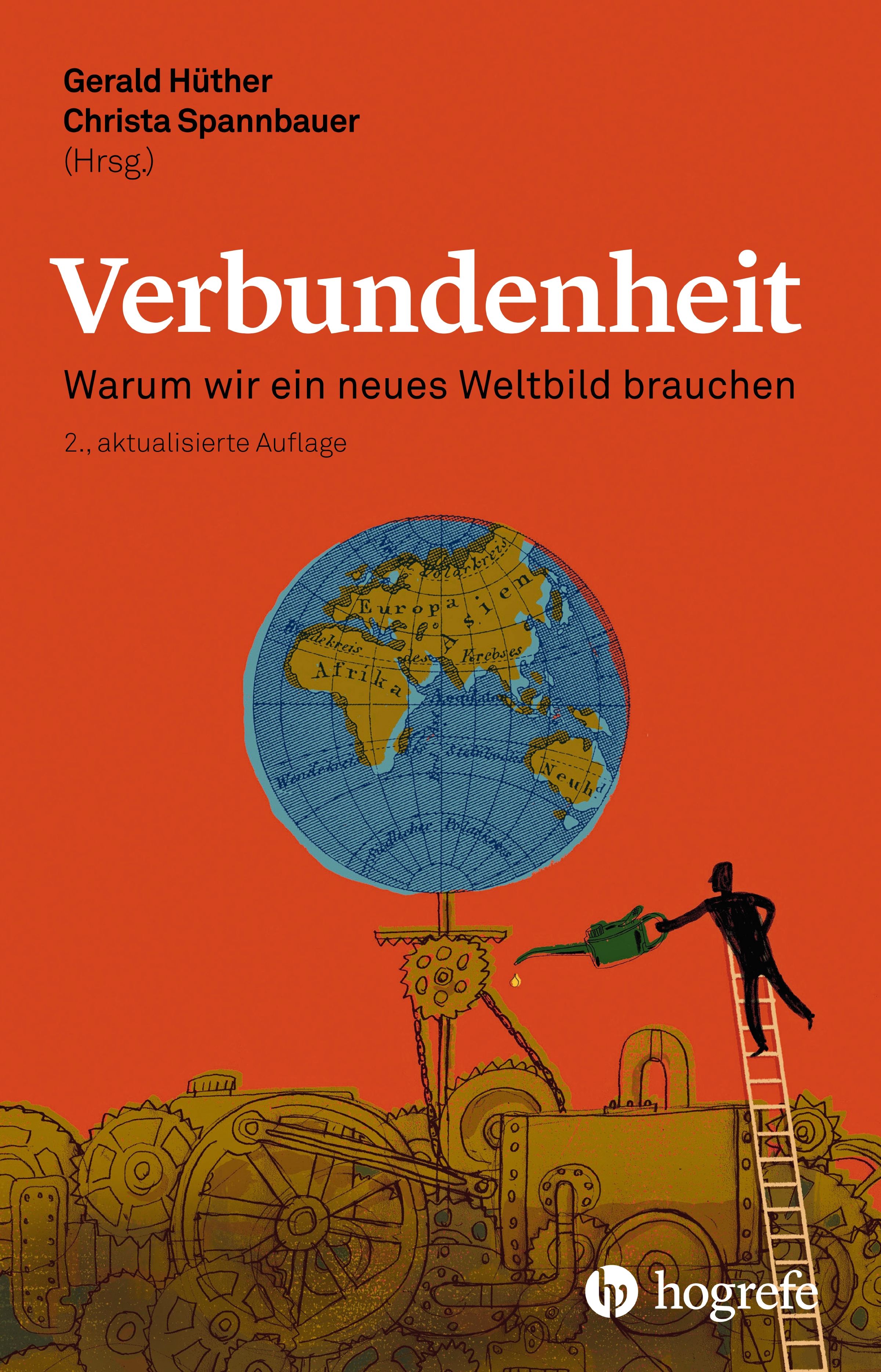 Buchcover mit Titel "Verbundenheit". Auf orangefarbenem Hintergrund eine Weltkugel und eine Maschine. Autorennamen und Verlag.