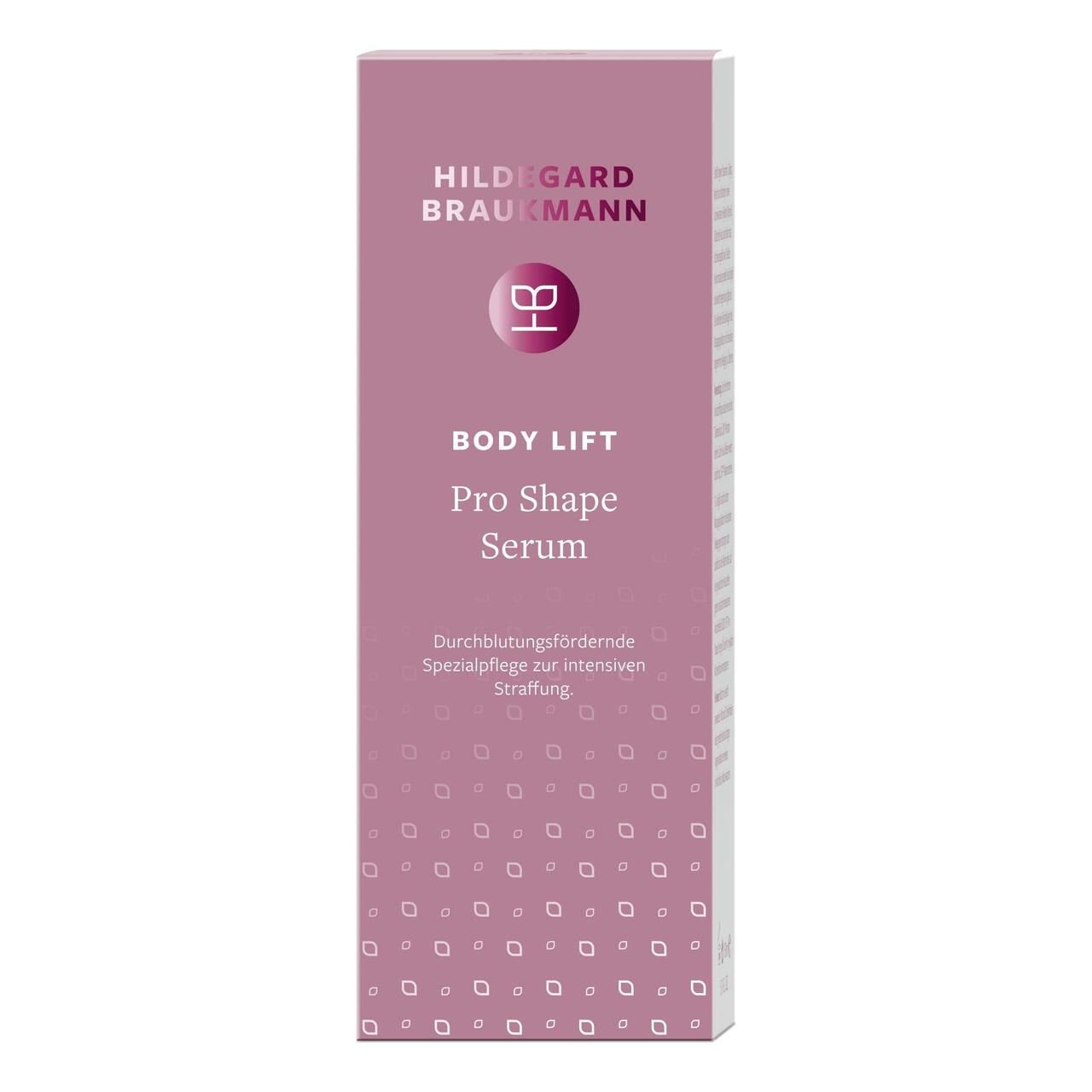 Hildegard Braukmann Body Lift Pro Shape Serum. Verpackung in Lila mit Logo und Produktbezeichnung. Text: Durchblutungsfördernde Spezialpflege.