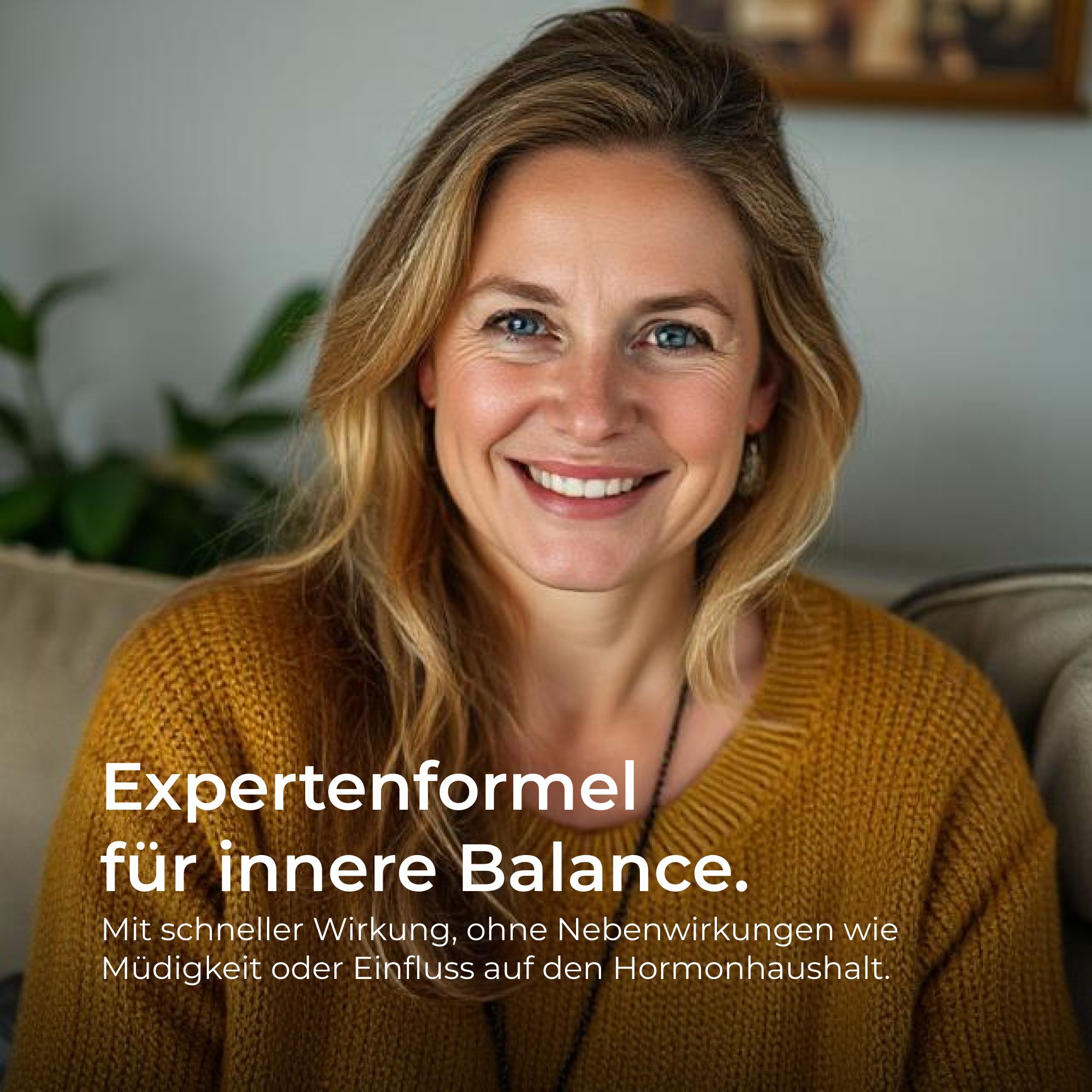 Porträt einer lächelnden Frau. Text: 'Expertenformel für innere Balance'.