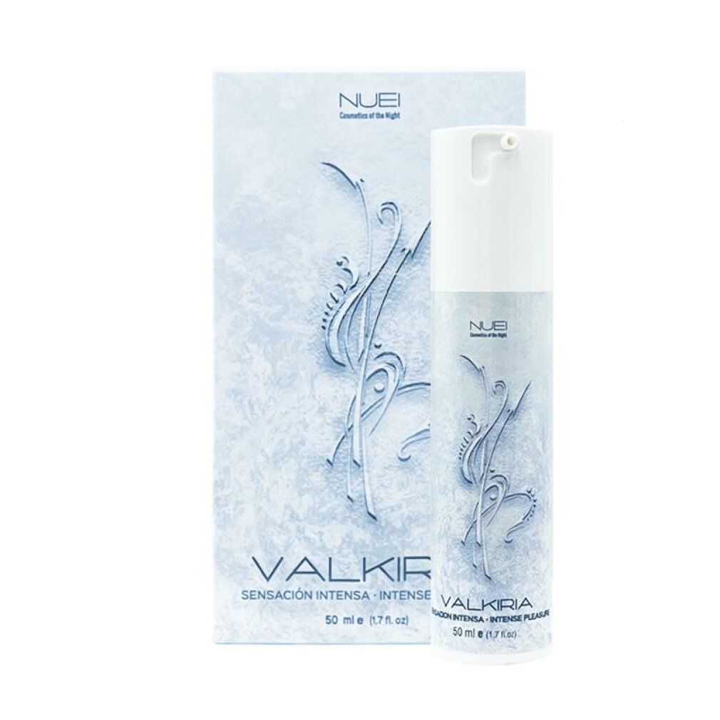 Weiße Flasche und Verpackung. Aufschrift Valkiria, Intense Pleasure Gel. 50 ml.
