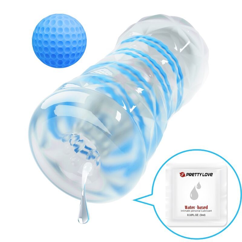 Masturbator mit blauen Spiralen und Golfball-Design. Enthält ein Sachet mit wasserbasiertem Gleitmittel.