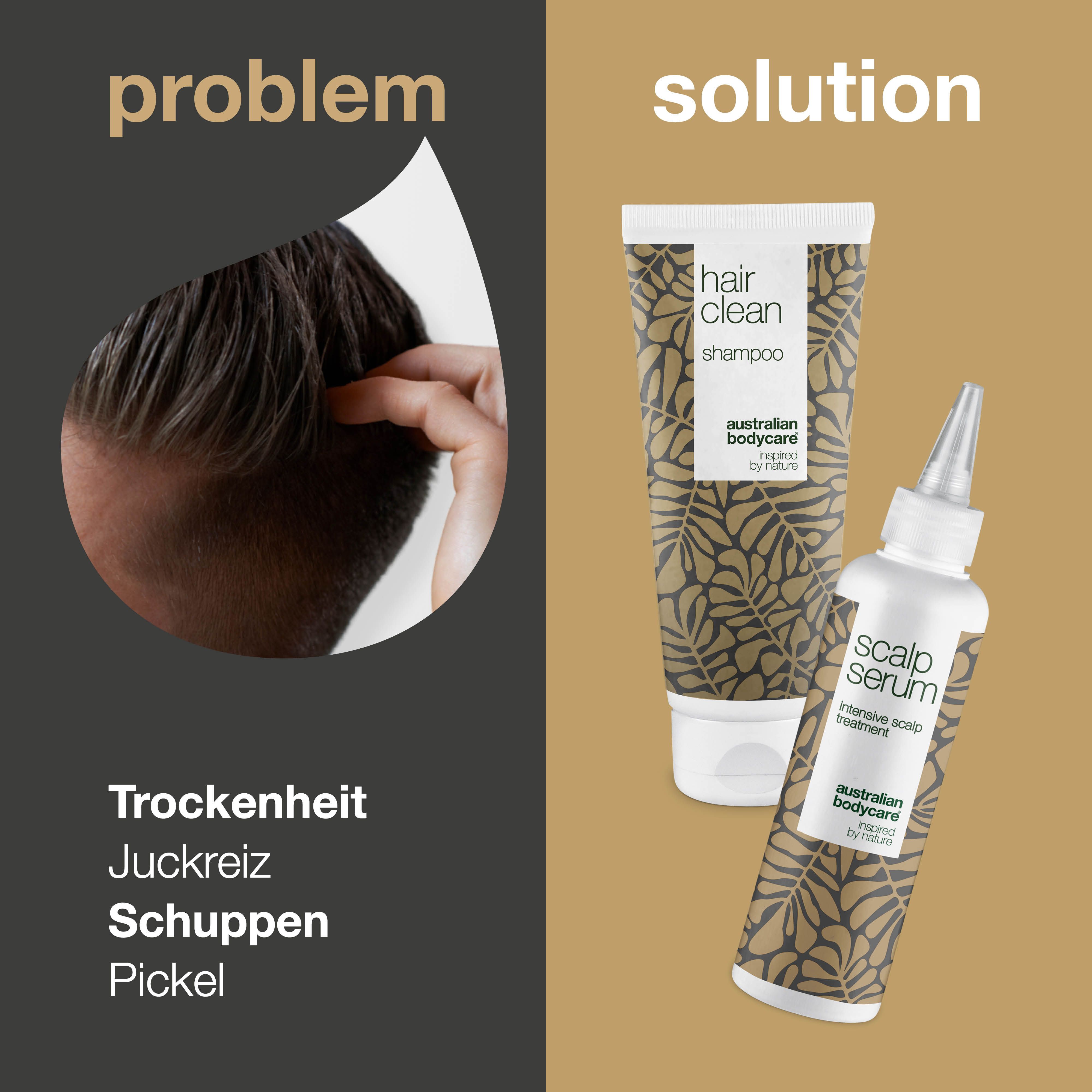 Vergleich: Problem und Lösung. Shampoo und Kopfhautserum. Text: Trockenheit, Juckreiz, Schuppen, Pickel.