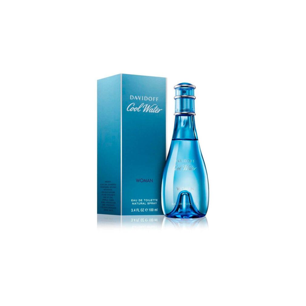 Hellblaue Flasche und Schachtel 'DAVIDOFF Cool Water WOMAN'. Flasche mit Zerstäuber. Schachtel mit Produktinformationen.