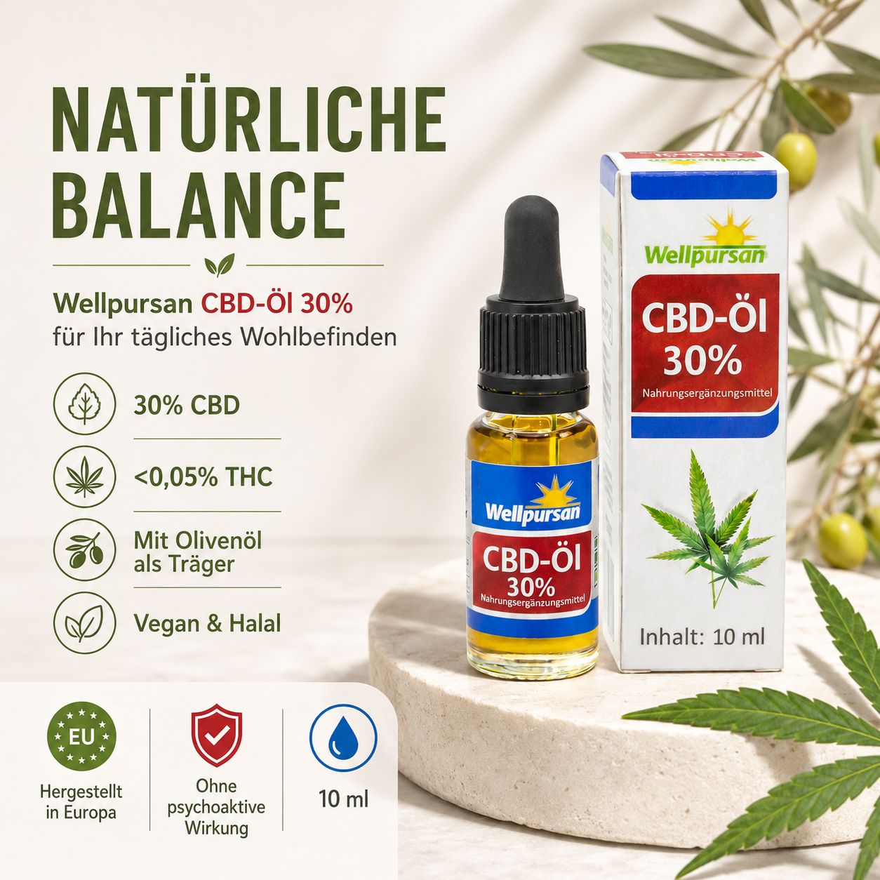 Wellpursan CBD-Öl 30% Flasche mit Pipette, Faltschachtel, EU-Siegel, "Ohne psychoaktive Wirkung"-Icon.