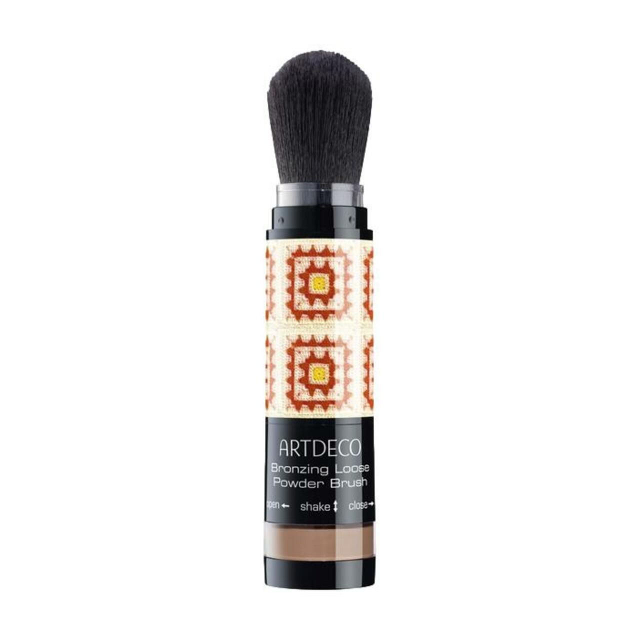 Puderpinsel mit schwarzem Pinselkopf und braunem Behälter. Aufschrift: ARTDECO Bronzing Loose Powder Brush.