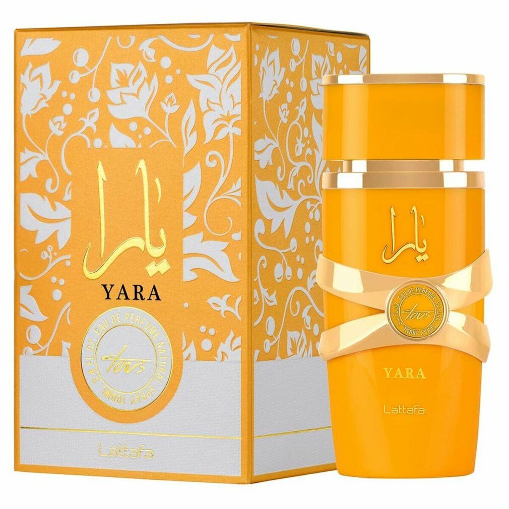 Gelbes Parfümflakon und Schachtel. Aufschrift "Yara" und arabische Schriftzeichen. Goldfarbene Akzente und Schleife.