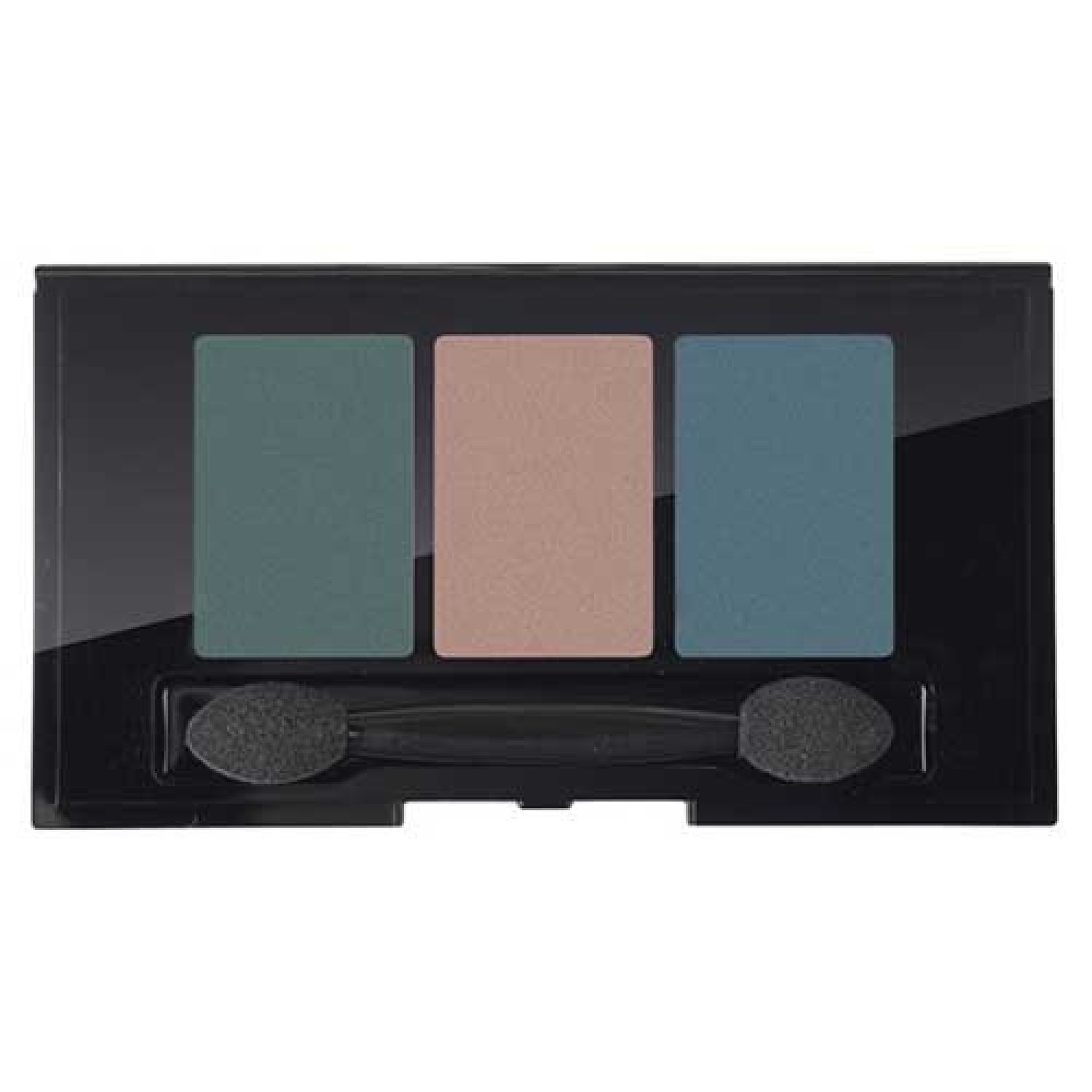 Lidschatten-Palette mit drei Farben: Grün, Beige und Blau. Schwarze Verpackung mit Applikator.