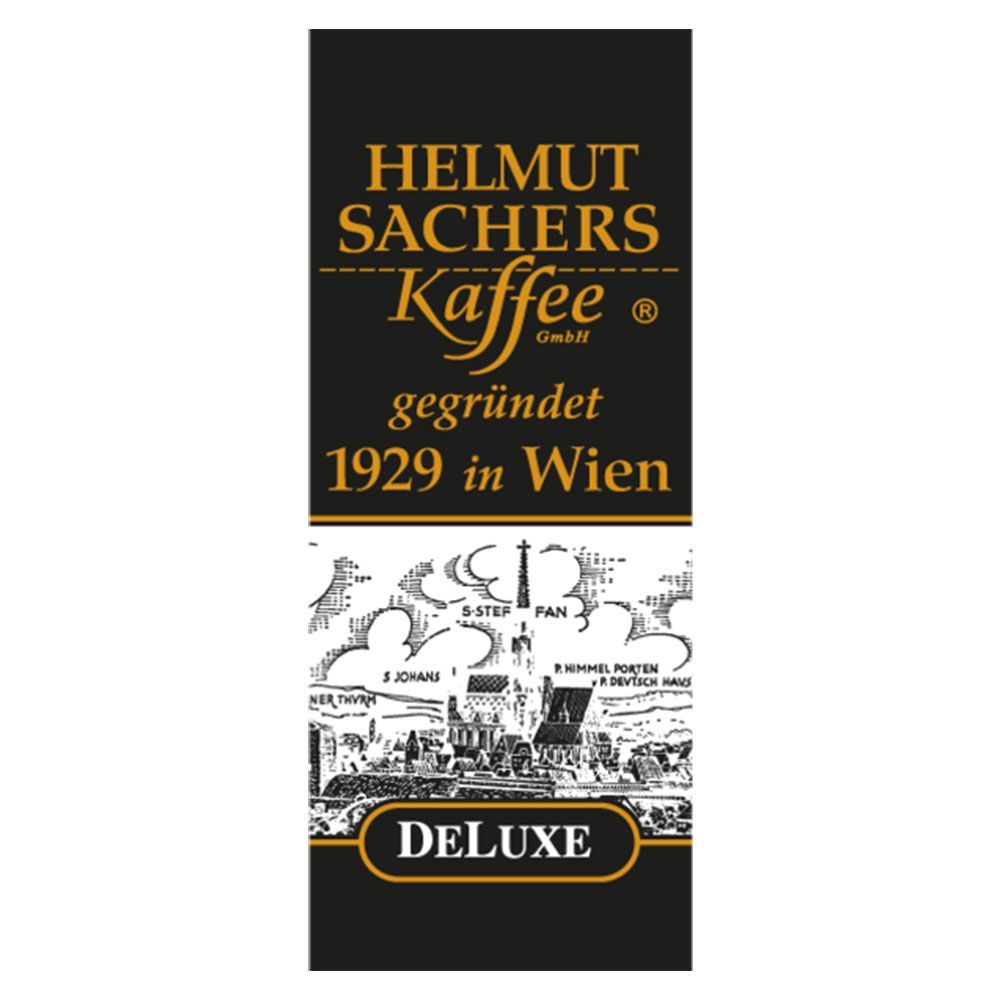 Kaffeepackung mit Logo und Schriftzug. Text: Helmut Sachers Kaffee, Deluxe, gegründet 1929 in Wien. Illustration einer Stadtansicht.
