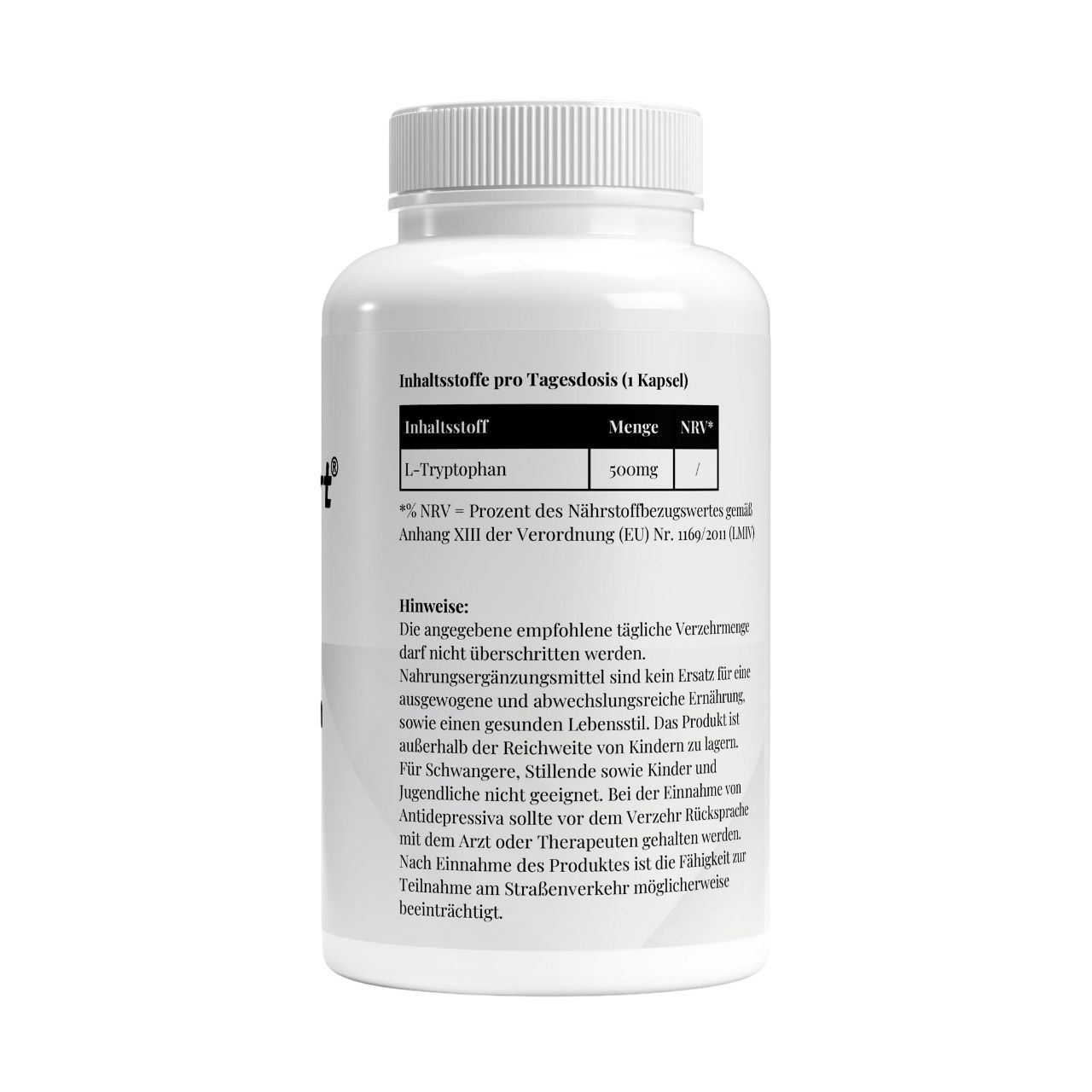 Rückseite einer weißen Flasche mit Text. Enthält Informationen zu Inhaltsstoffen, Dosierung und Warnhinweisen.