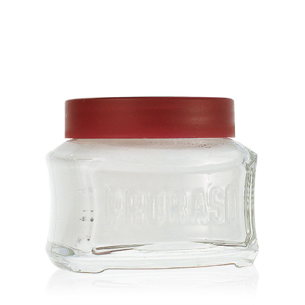 Glas mit rotem Deckel. Text: PRORASO, CREMA PRE BARBA. Aufdruck auf dem Glas.
