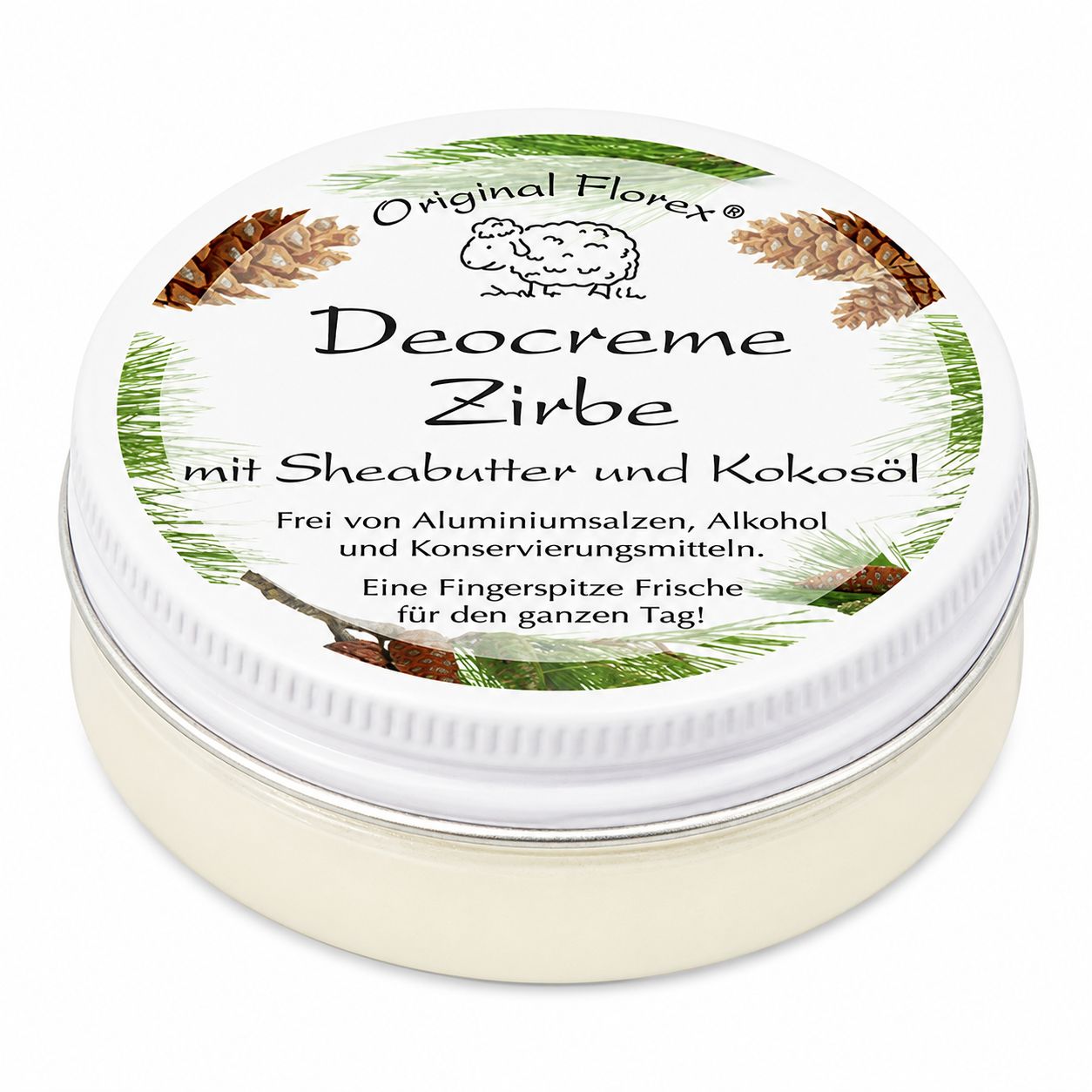 Florex Deocreme Zirbe in einer Dose, mit Sheabutter und Kokosöl.