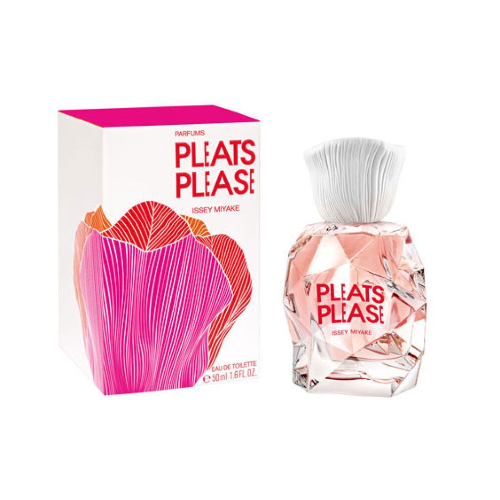 Parfümflakon und Verpackung. Flakon mit weißem Verschluss, rosa Flüssigkeit. Verpackung mit pink-orangefarbenem Muster und Schriftzug.