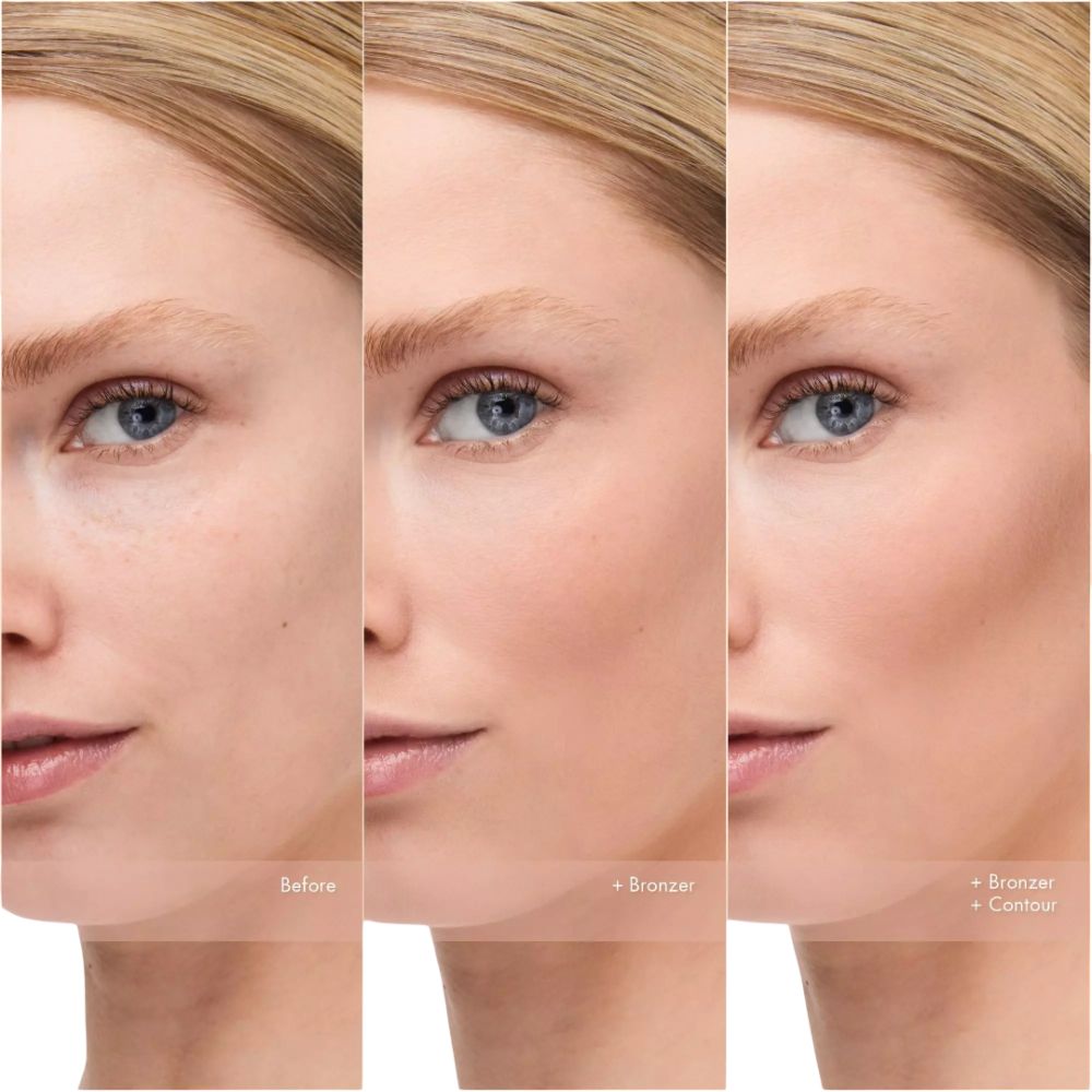 Drei Gesichter zeigen die Anwendung der Catrice Butterartigen Bronze- & Kontur-Gesichtspalette. Vorher, mit Bronzer und mit Kontur.