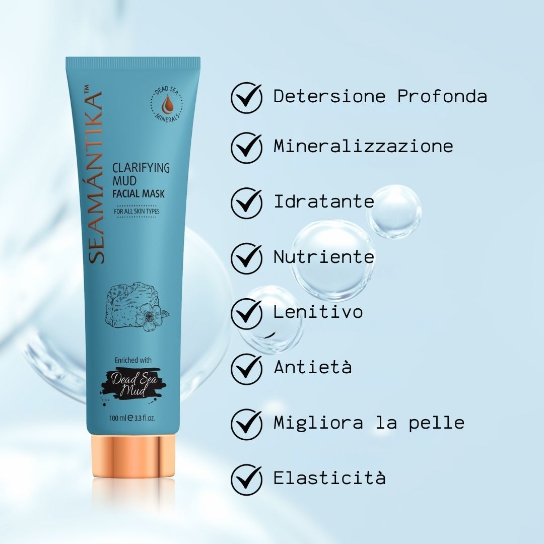 Tubo blu turchese. Scritta: SEAMANTIKA, Clarifying Mud Facial Mask. Con simboli di spunta e testi in italiano.