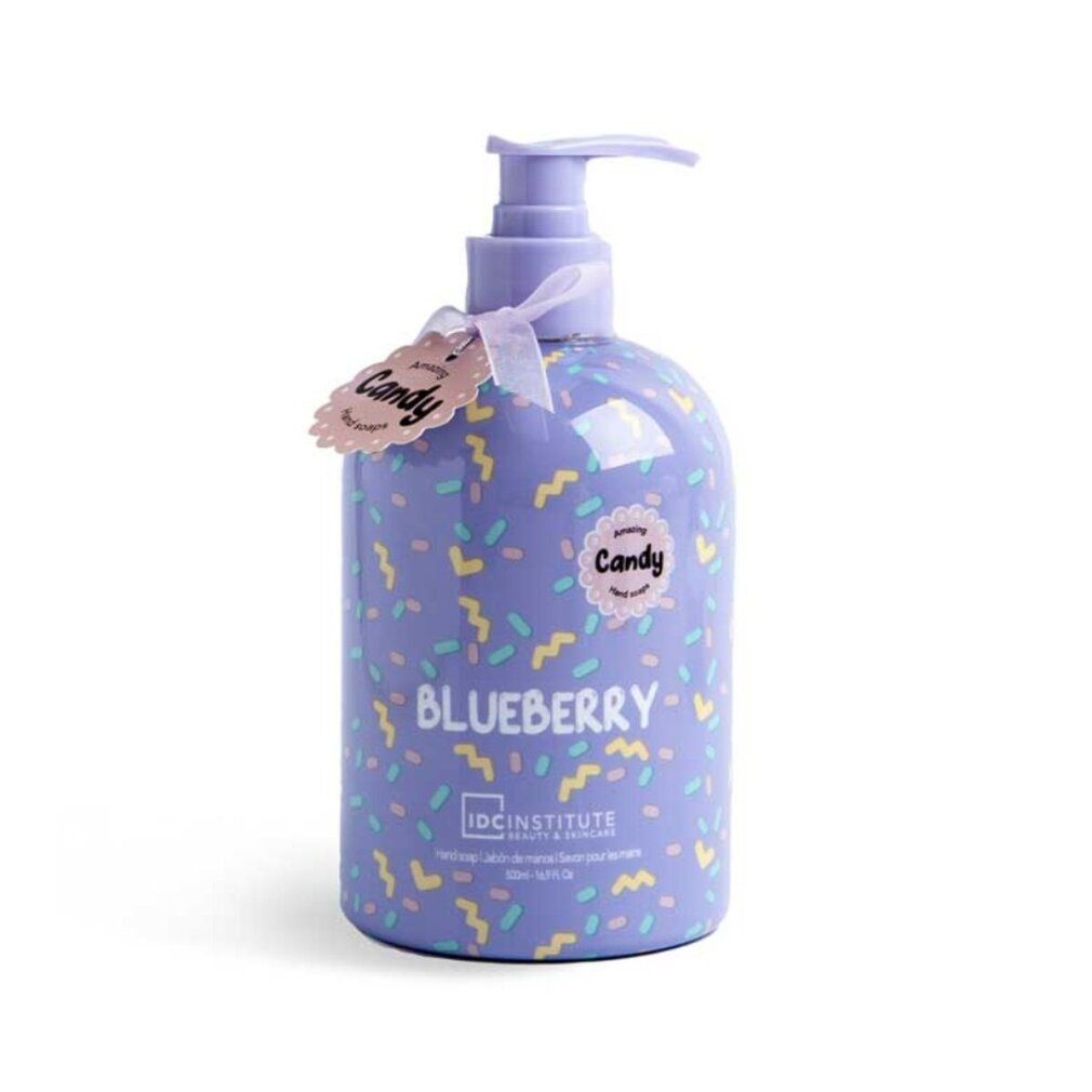 Flasche mit Pumpverschluss. Lila mit bunten Streuseln. Aufschrift "Candy Blueberry". Anhänger mit "Candy". Marke: IDC INSTITUTE.