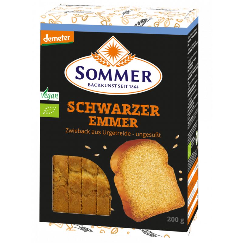 Verpackung mit Zwieback. Aufschrift: Sommer, Schwarzer Emmer, Demeter. Vegan-Siegel. 200g.