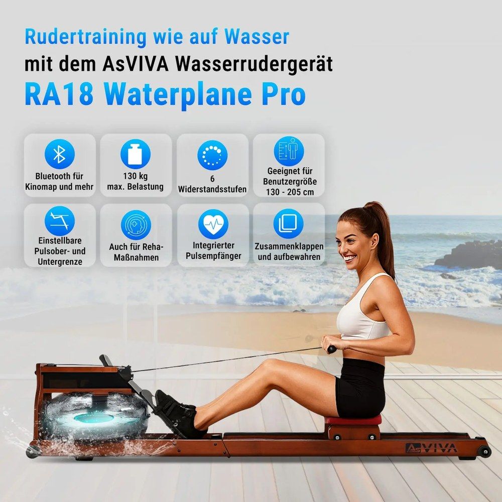 Frau auf einem Holz-Rudergerät mit Wassertank, Display und Text zu Funktionen.
