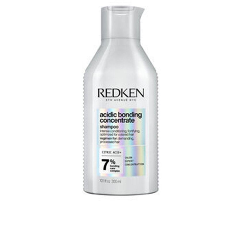 Weiße Shampoo-Flasche. Aufschrift: REDKEN, acidic bonding concentrate shampoo, 7% bonding care complex. 300 ml.