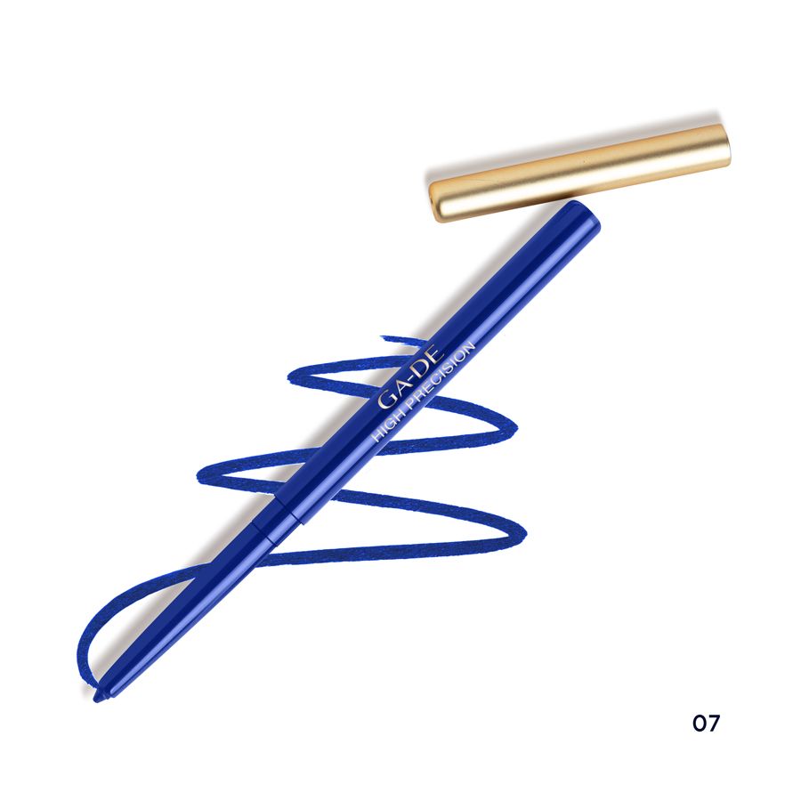 Blauer Eyeliner mit goldener Kappe und Strich. Aufschrift: GA-DE High Precision.