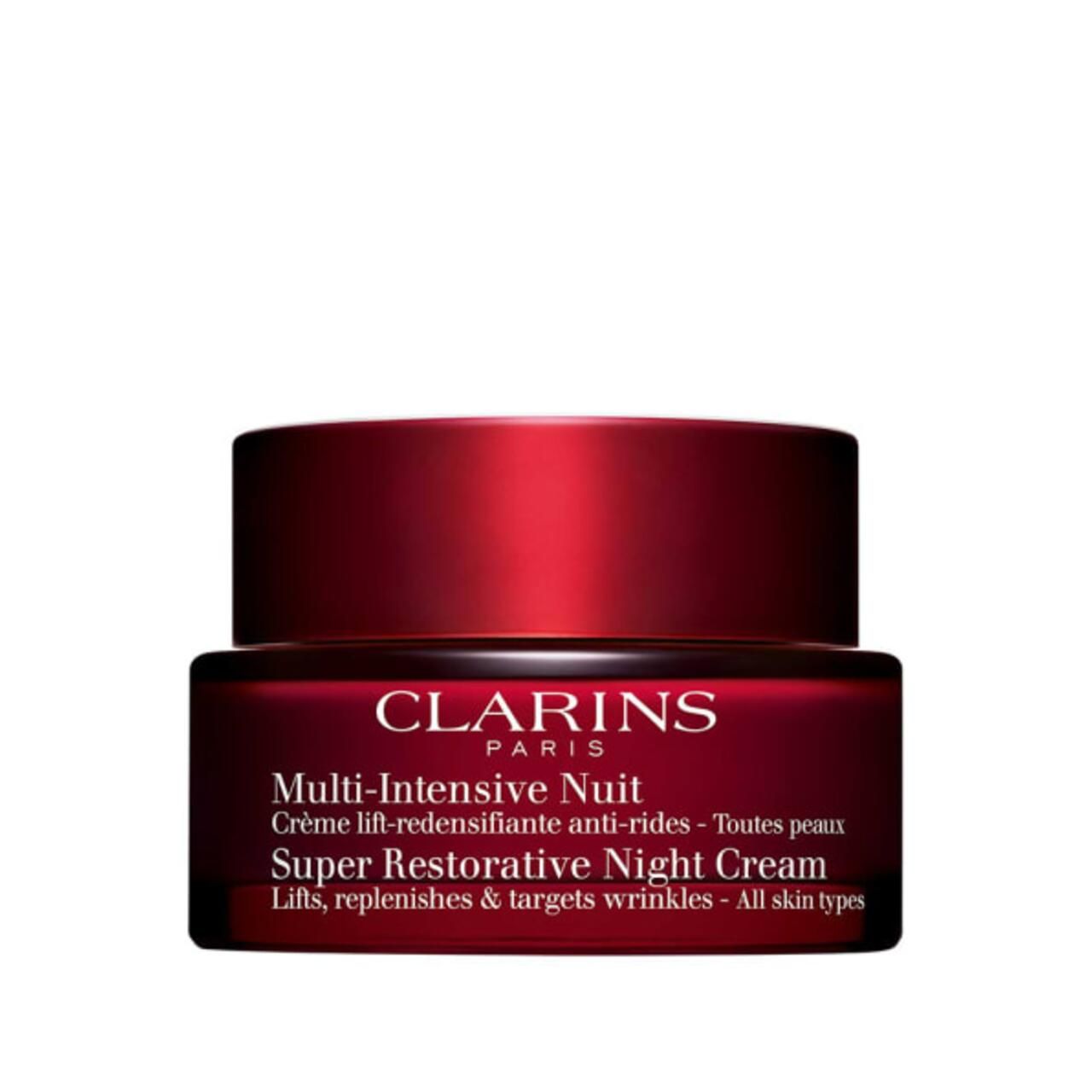 Roter Tiegel Clarins Multi-Intensive Nuit Super Restorative Night Cream. Text auf dem Etikett.