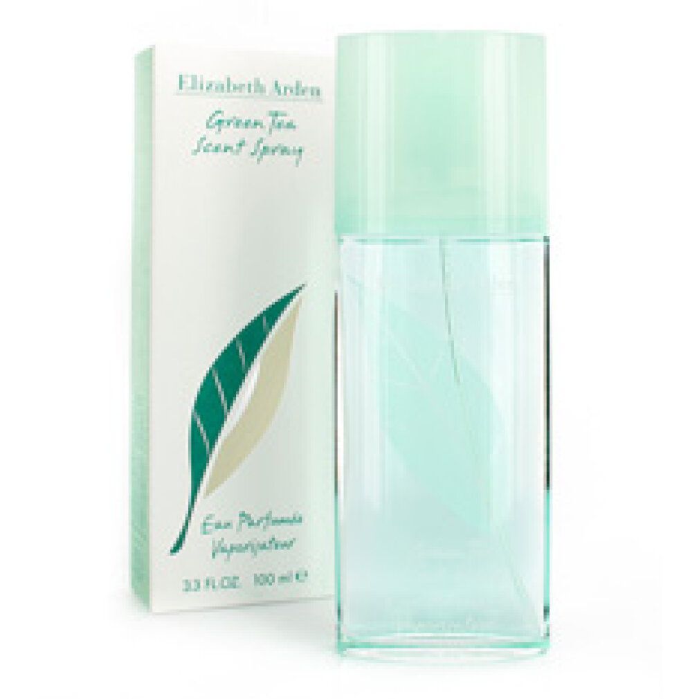 Elizabeth Arden Green Tea Scent Spray Flakon und Verpackung. Flakon mit grünem Deckel. Blatt-Logo. Text: Eau Parfumée Vaporisateur.
