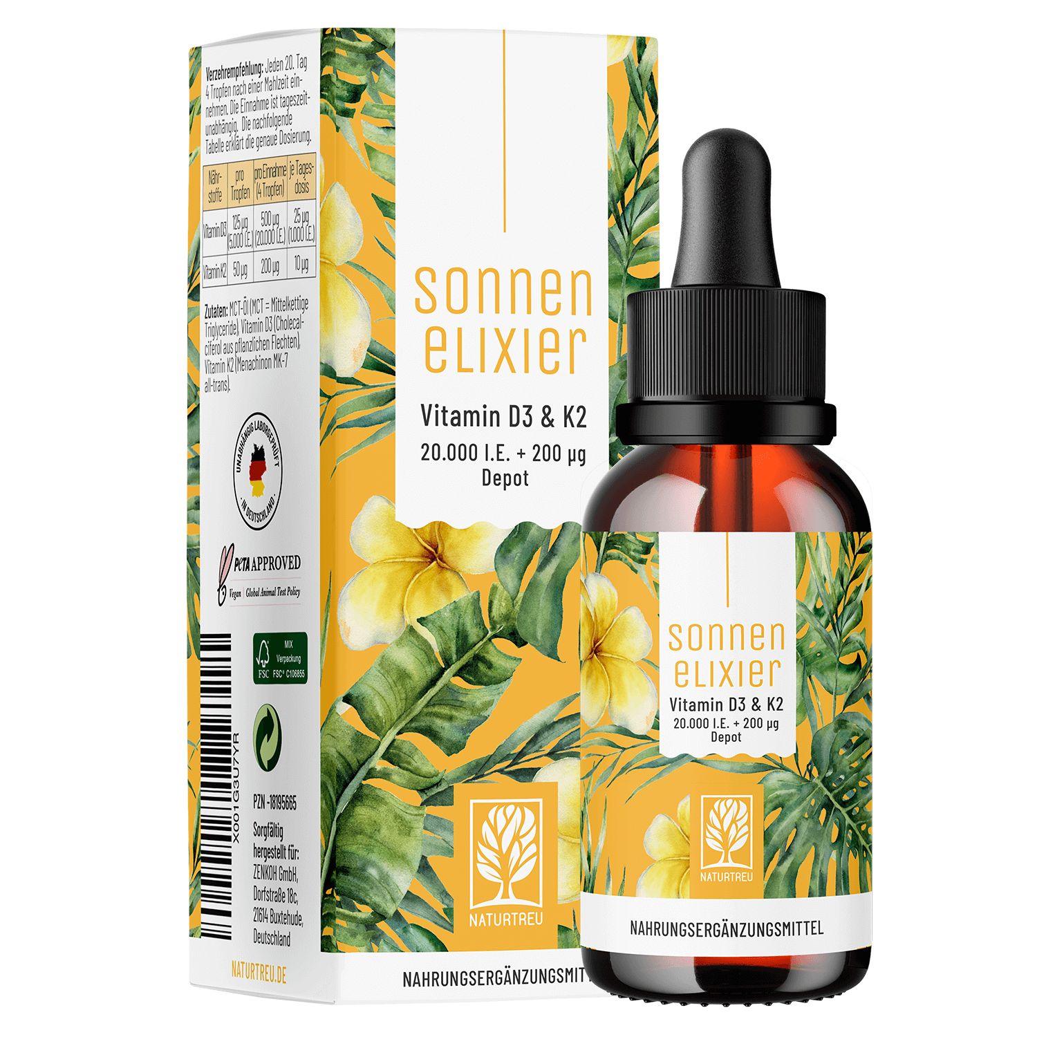 Vitamin D3 & K2 Tropfen Depot mit 20.000 I.E. - hochdosiert & vegan - Sonnenelixier - NATURTREU®