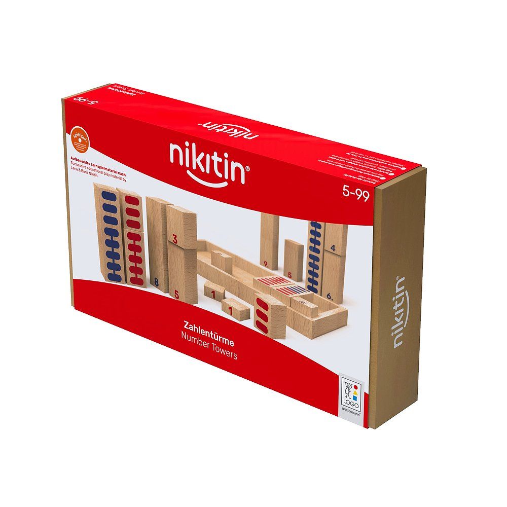 Verpackung von Nikitin Lernspiel Zahlentürme N6. Roter Karton mit Produktname und Logo. Holzbausteine mit Zahlen und farbigen Markierungen.