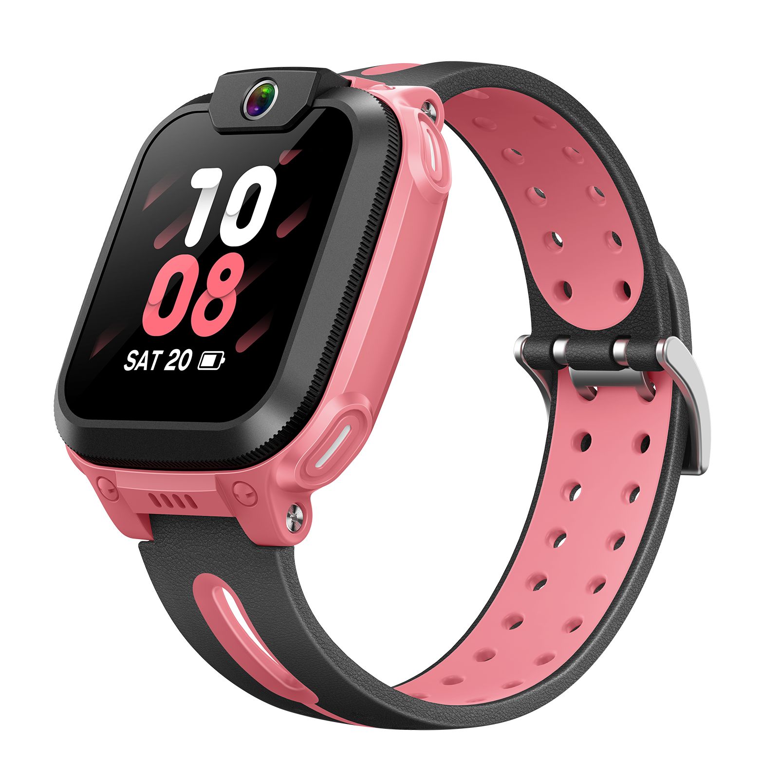 Rosa-schwarze Smartwatch mit rechteckigem Display. Zeigt Uhrzeit und Datum an. Schwarzes Armband mit rosa Innenseite.