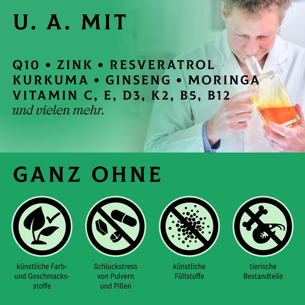 Mann hält Flasche mit gelber Flüssigkeit. Text: Q10, Zink, Resveratrol, Kurkuma, Ginseng, Moringa, Vitamine. Symbole: Keine künstlichen Zusätze.