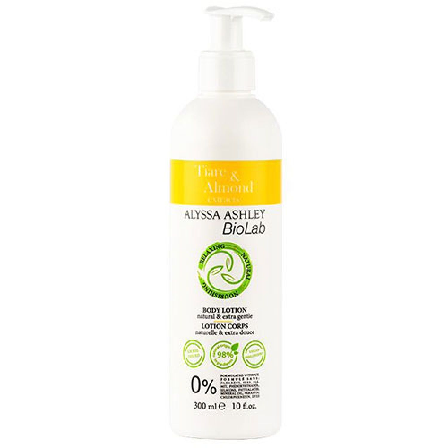 Weiße Flasche mit gelbem Etikett. Aufschrift: Alyssa Ashley Biolab, Tiaré & Almond. Mit Spender. Naturkosmetik-Siegel.