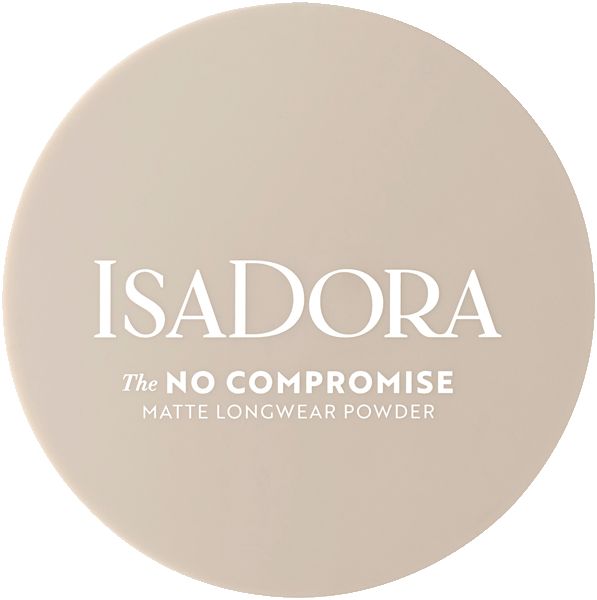 Runder, beigefarbener Behälter. Aufschrift: ISADORA, The No Compromise, Matte Longwear Powder.