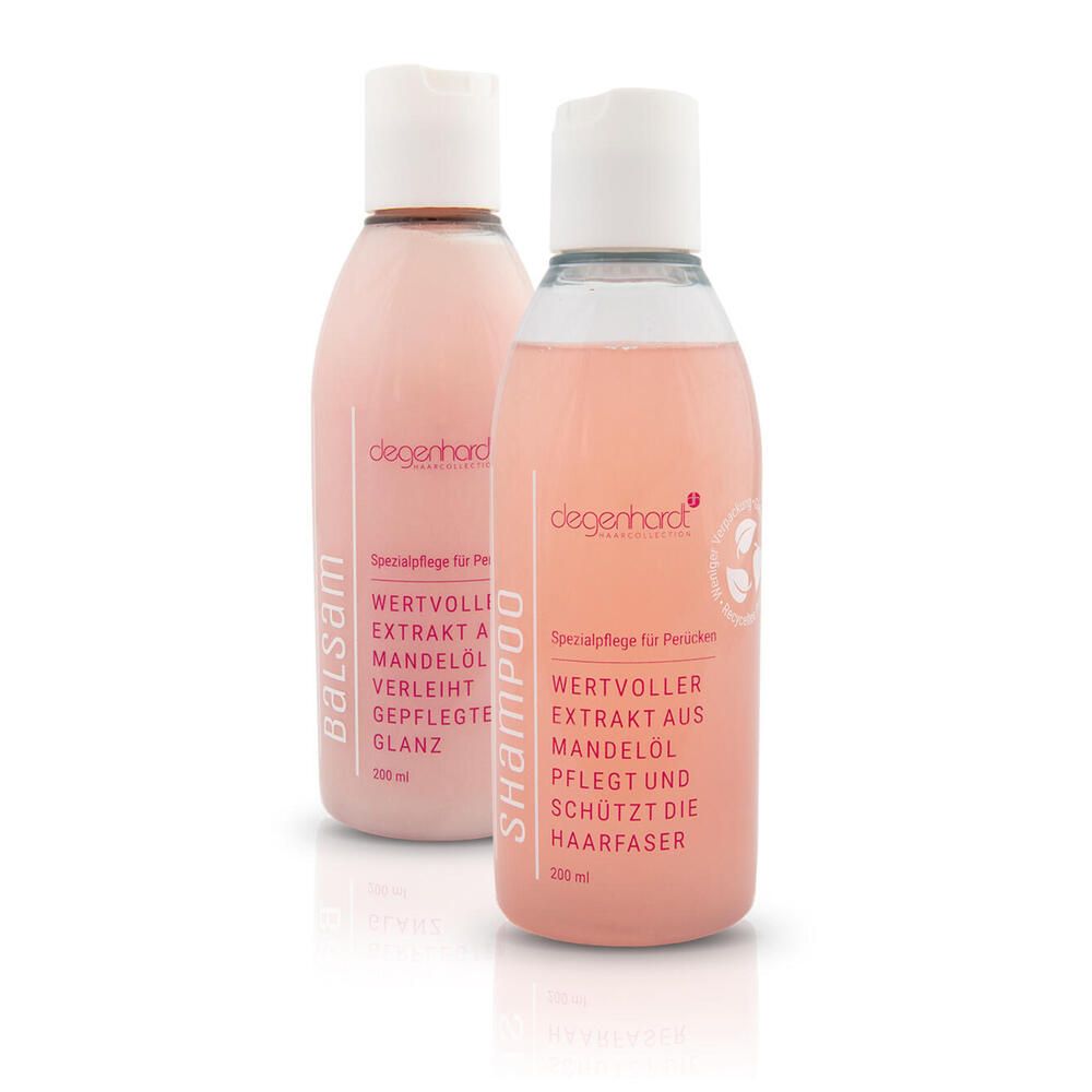 Zwei rosa Flaschen degenhardt Basis-Duo. Eine Flasche Balsam, eine Shampoo. Beide mit weißem Deckel und Etikett.