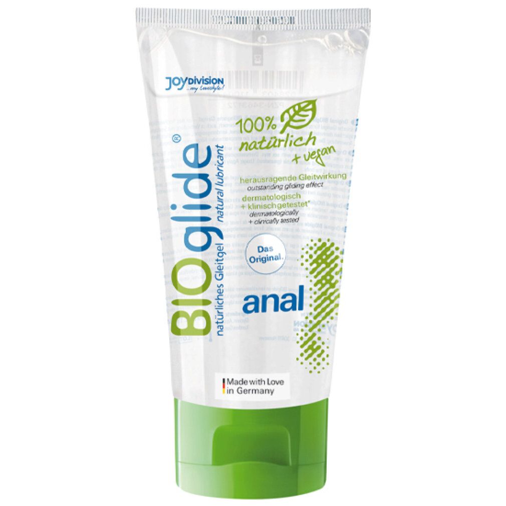 Tube mit transparentem Gel und grünem Verschluss. Aufschrift: BIOglide, anal. 100% natürlich + vegan.