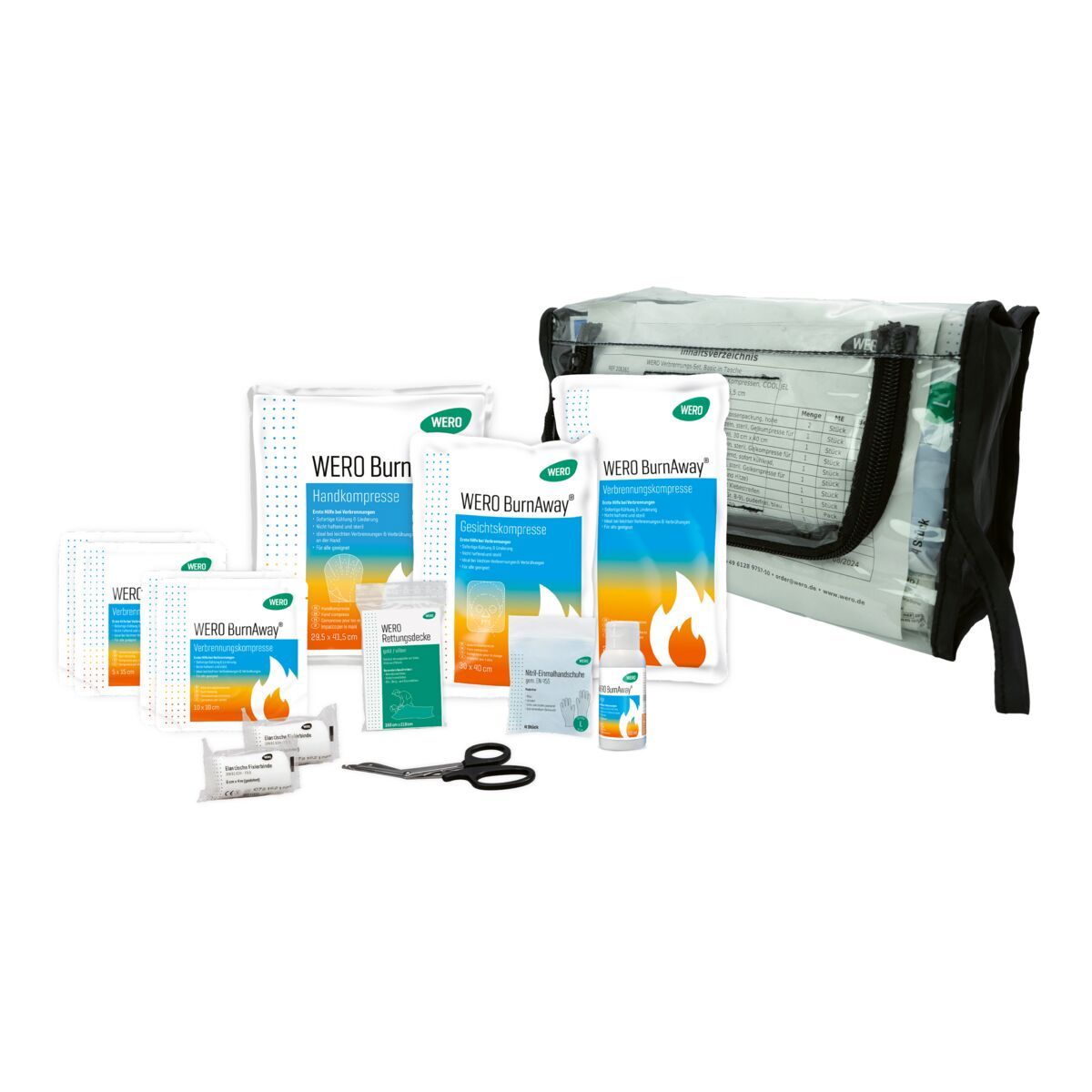 Verschiedene WATERJEL-Produkte in einer transparenten Tasche. Enthält Verbände, Flaschen und Schere.