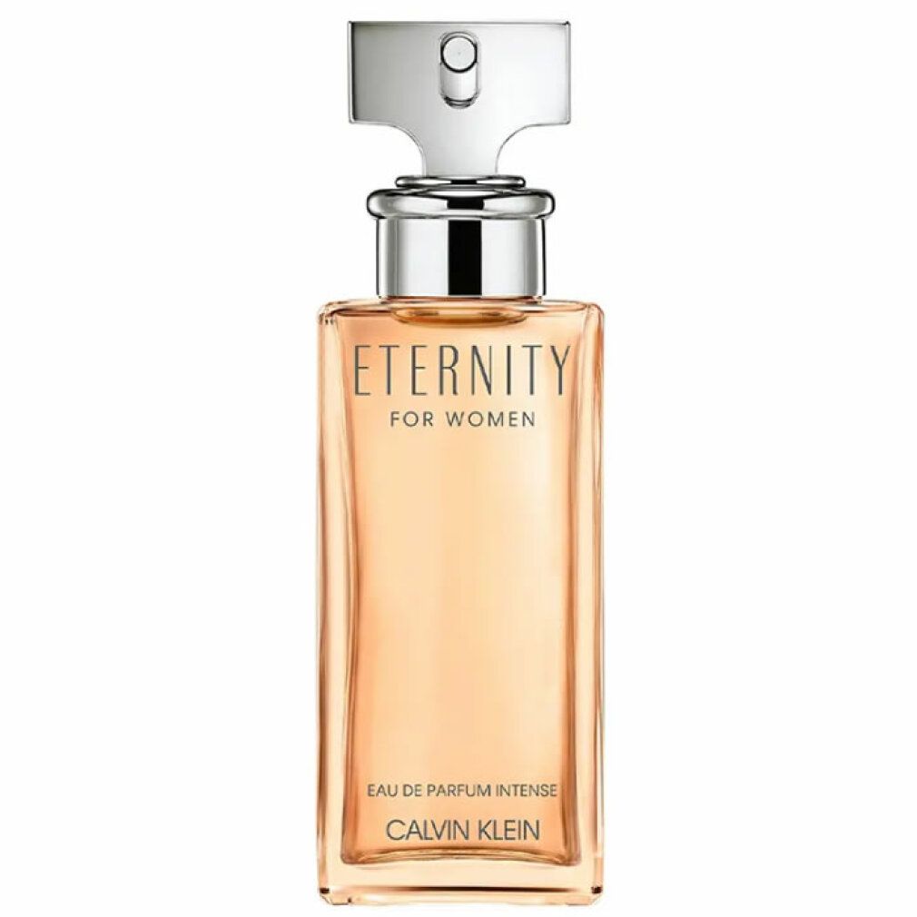 Parfümflasche mit silberfarbenem Verschluss. Aufschrift: Eternity for Women, Eau de Parfum Intense, Calvin Klein.