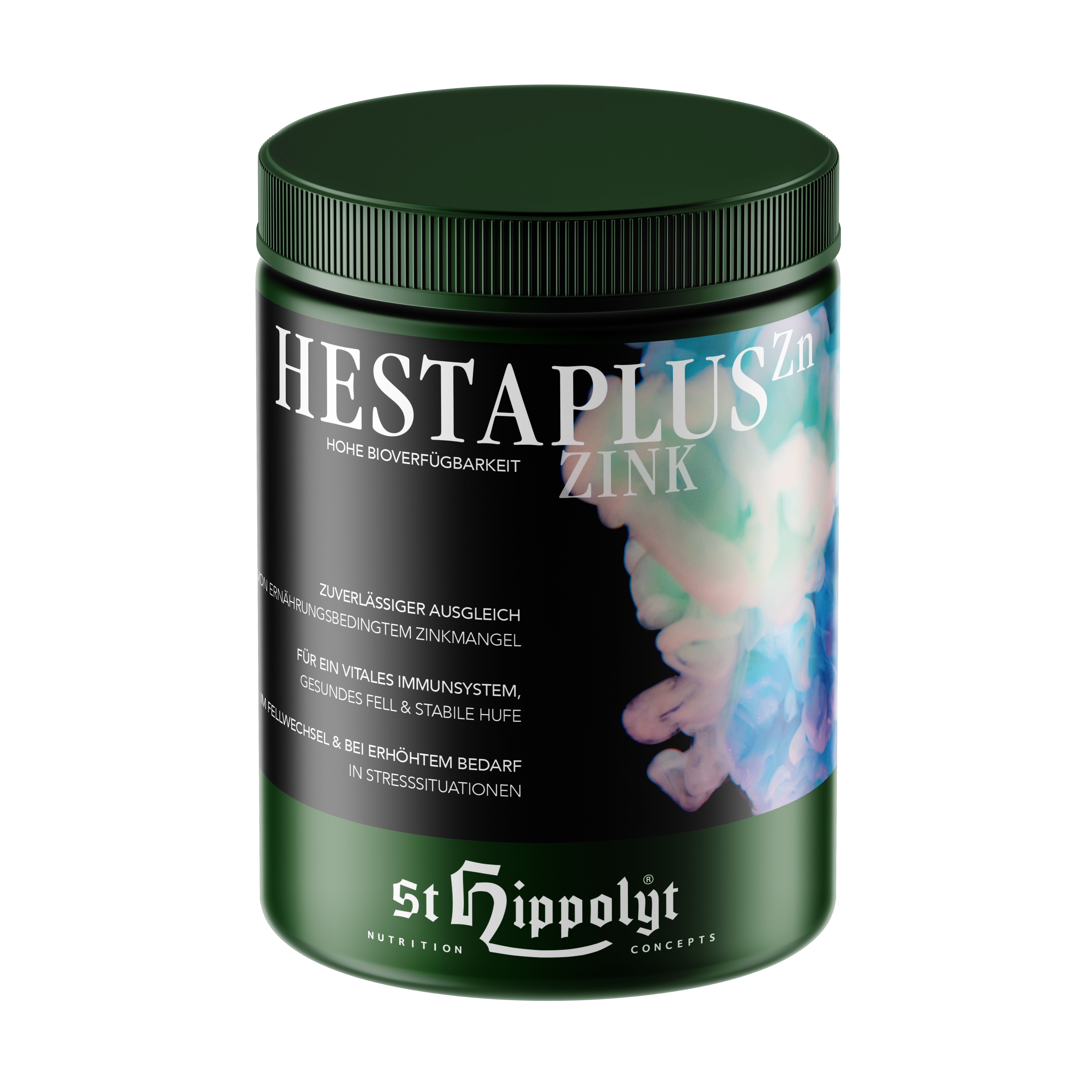 Grüne Dose mit schwarzem Etikett. Text: HESTA PLUS ZN, ZINK, St. Hippolyt. Weiße, farbige Grafik.