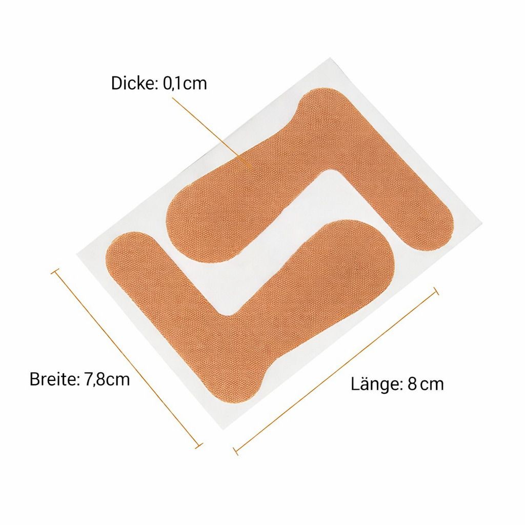 Zwei beige Daumenstützbänder auf Trägerfolie. Maße: 8 cm lang, 7,8 cm breit, 0,1 cm dick. Beschriftung mit Maßen.