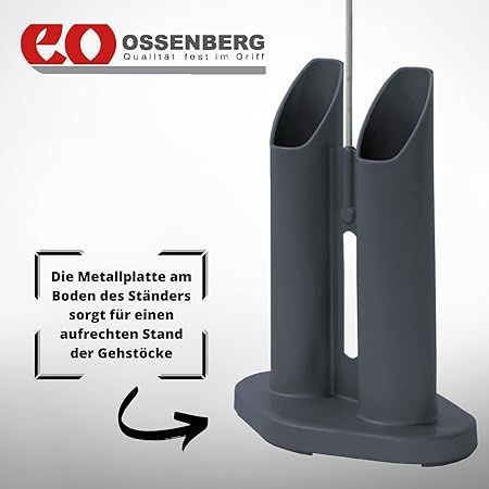 Grauer Gehhilfenständer mit Ossenberg-Logo. Die Metallplatte am Boden sorgt für einen sicheren Stand.