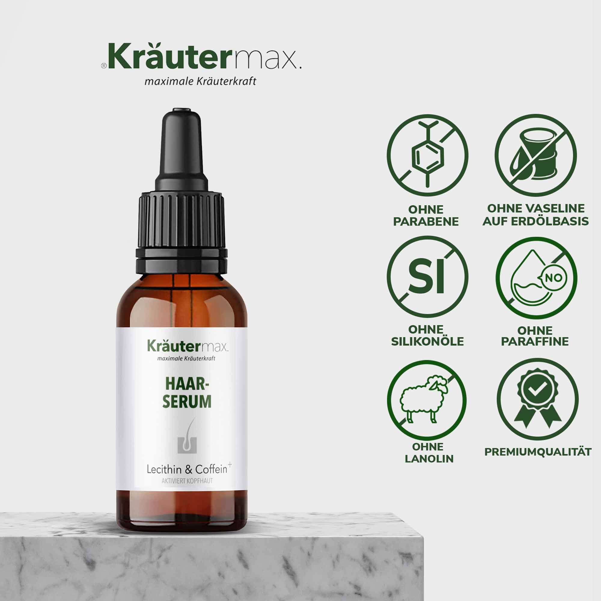 Braune Glasflasche Kräutermax Haar-Serum. Aufschrift: Haar-Serum, Lecithin & Coffein. Symbole: Ohne Parabene, Vaseline, Silikone, Paraffine, Lanolin. Premiumqualität.