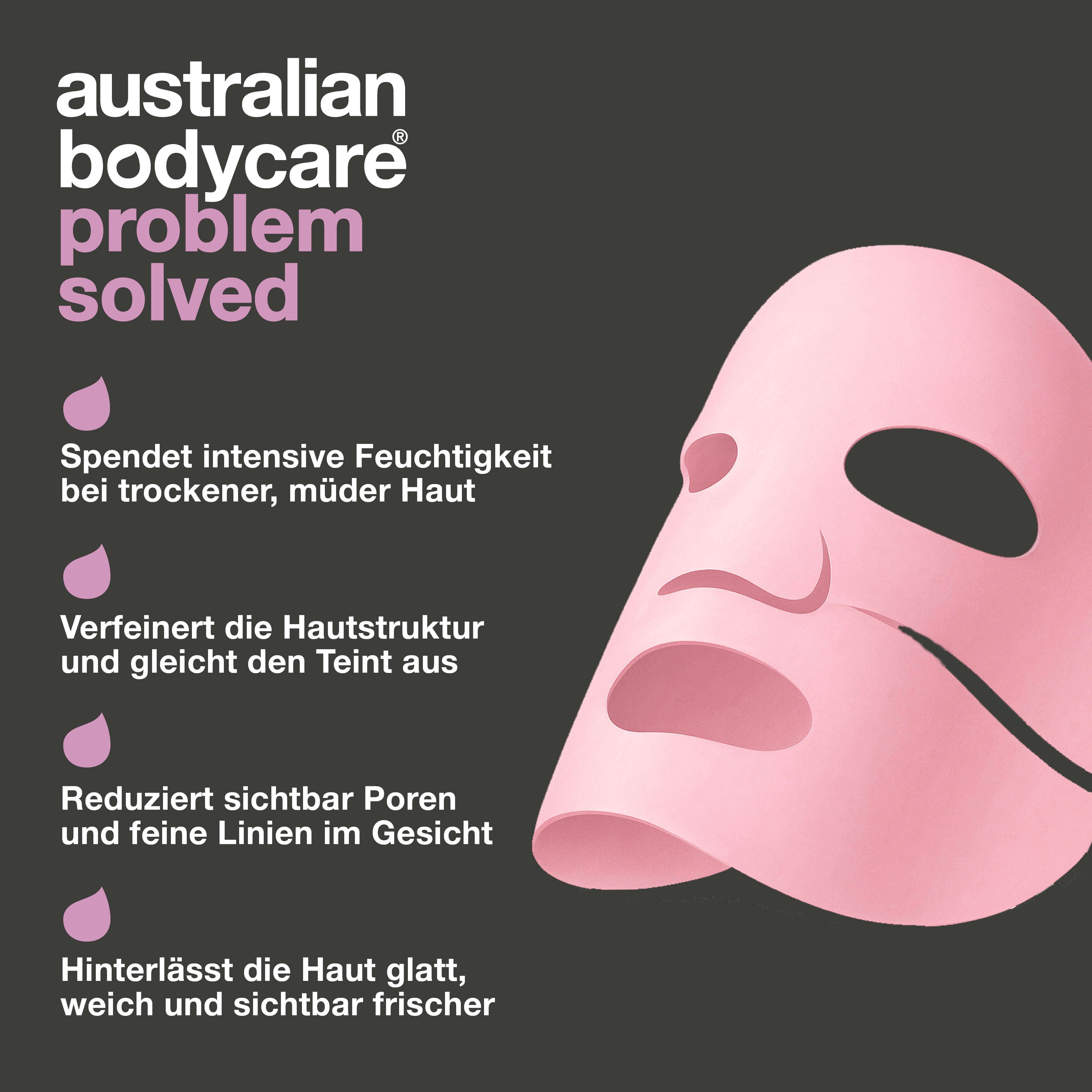 Rosa Maske. Text: Australian Bodycare, Problem gelöst, hydratisiert, glättet, reduziert Poren, macht weich.