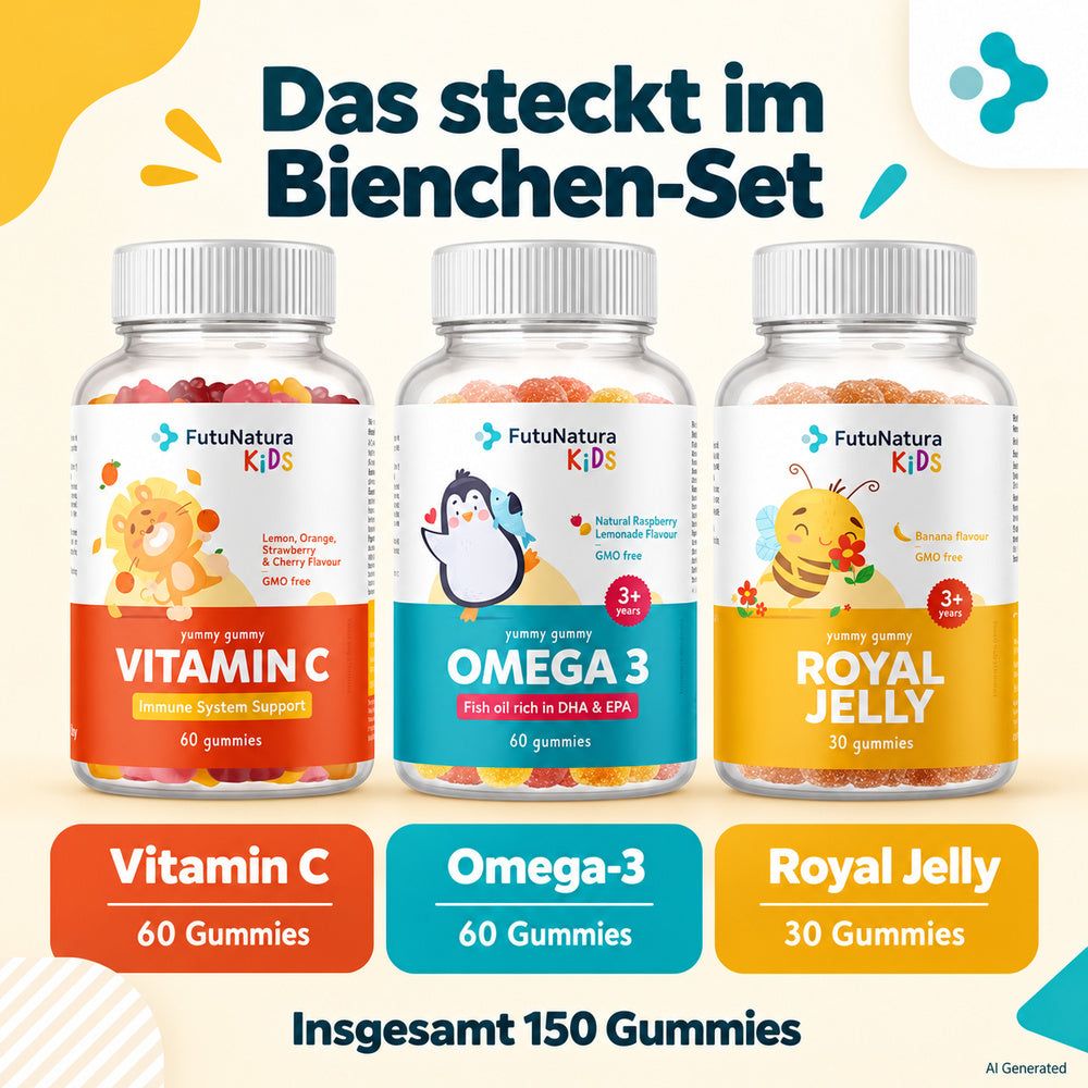 Drei Flaschen FutuNatura Kids Gummis: Vitamin C, Omega 3 und Royal Jelly.