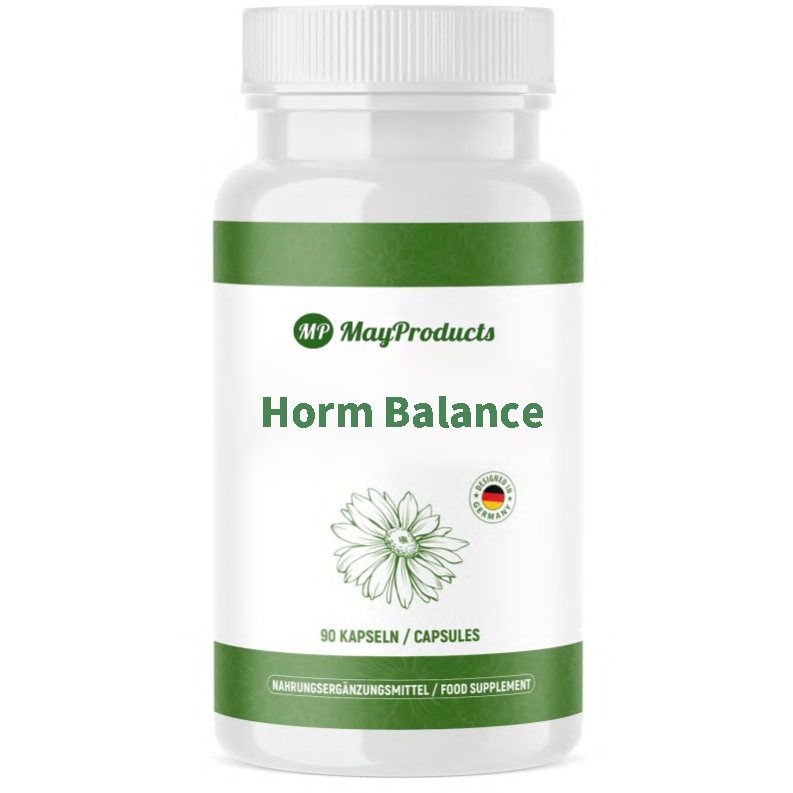 Weiße Flasche mit grünem Band. Aufschrift: Horm Balance, 90 Kapseln. Siegel: Made in Germany. Logo: MP MayProducts.