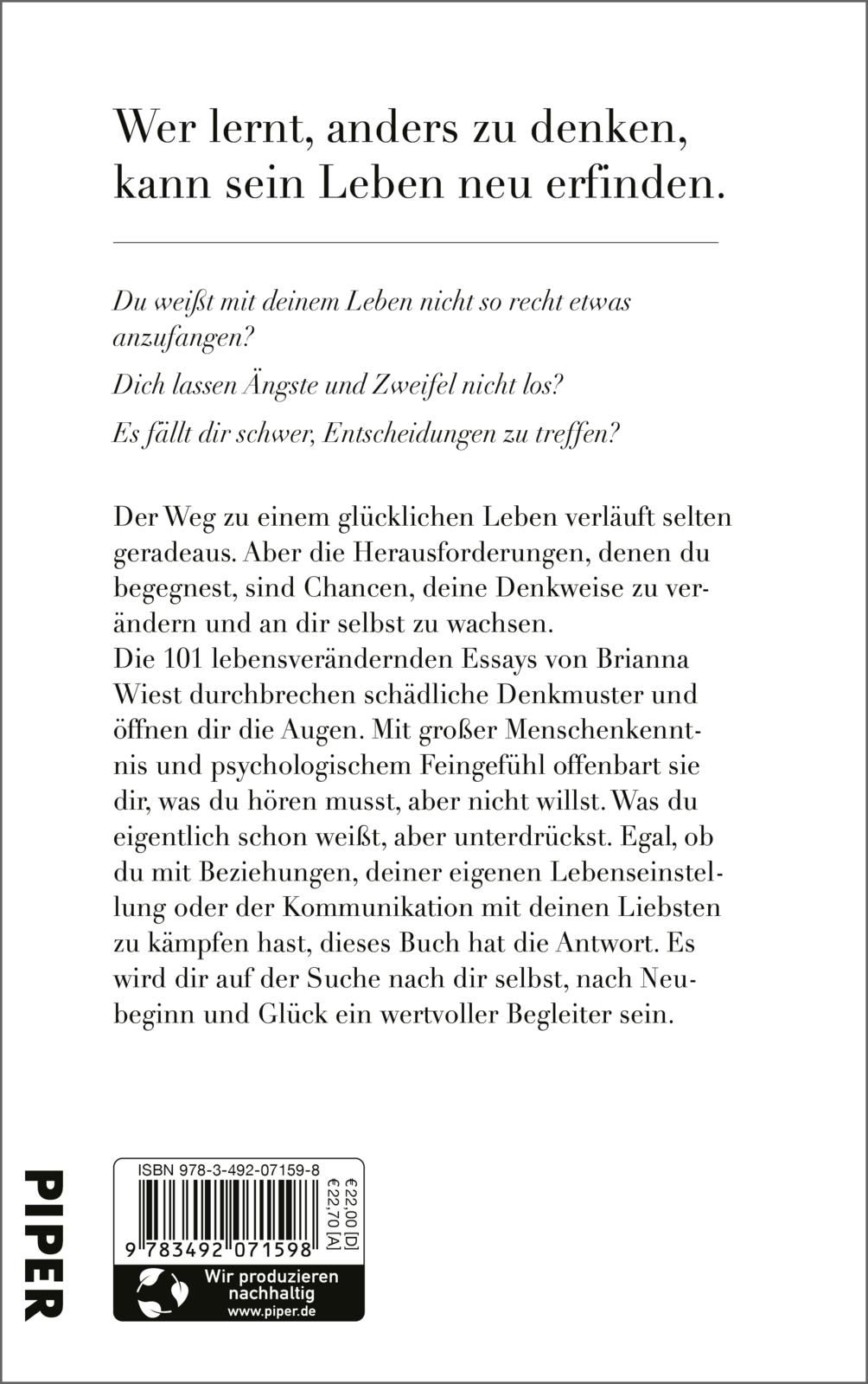 Buchrückseite mit Text. Titel: "101 Essays, die dein Leben verändern werden". Autorin: Brianna Wiest. Verlag: Piper. ISBN-Code und Preis.
