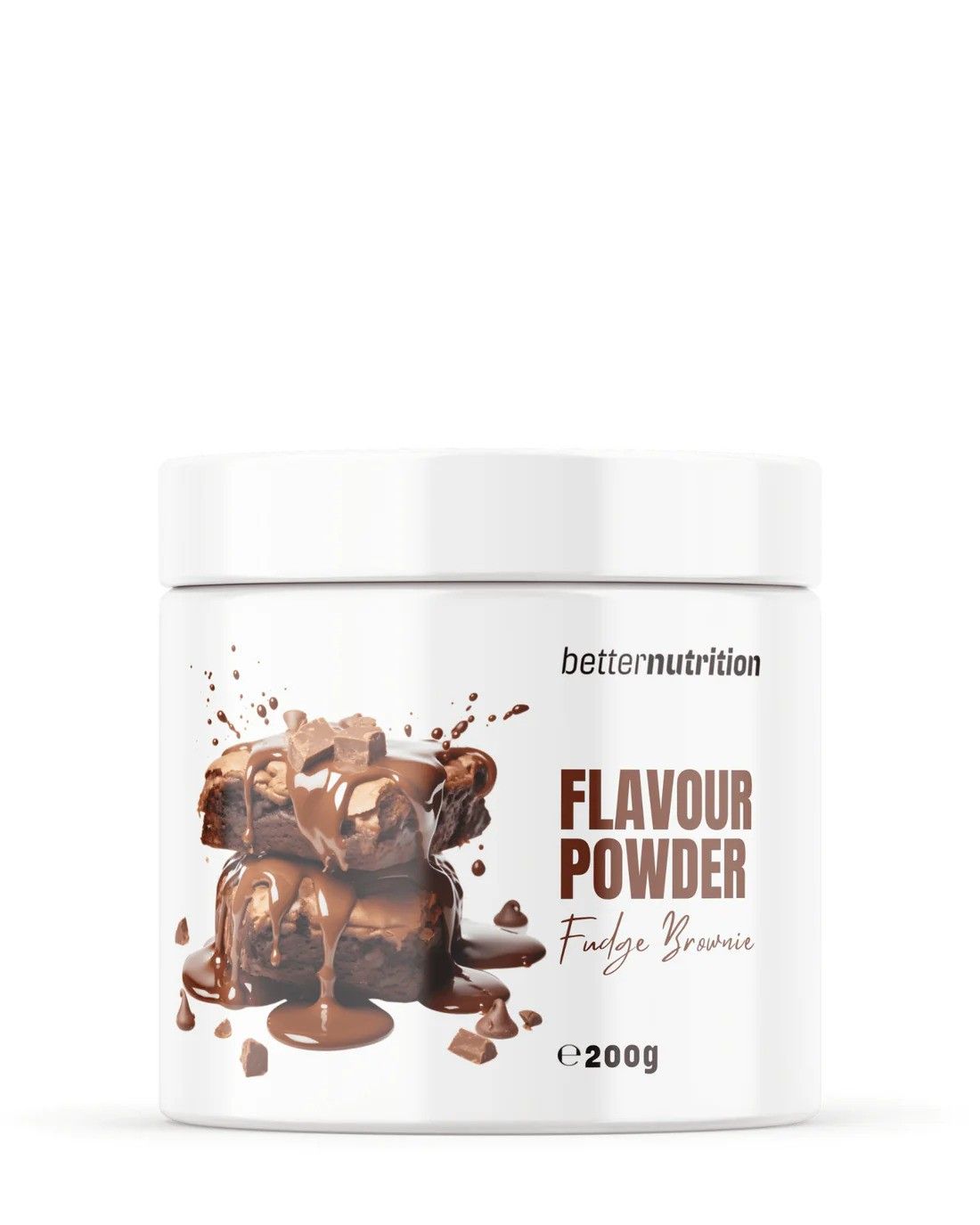 Weißes Behältnis mit Aufdruck. Text: better nutrition, FLAVOUR POWDER Fudge Brownie, e200g. Abbildung: Schokoladenkuchen.